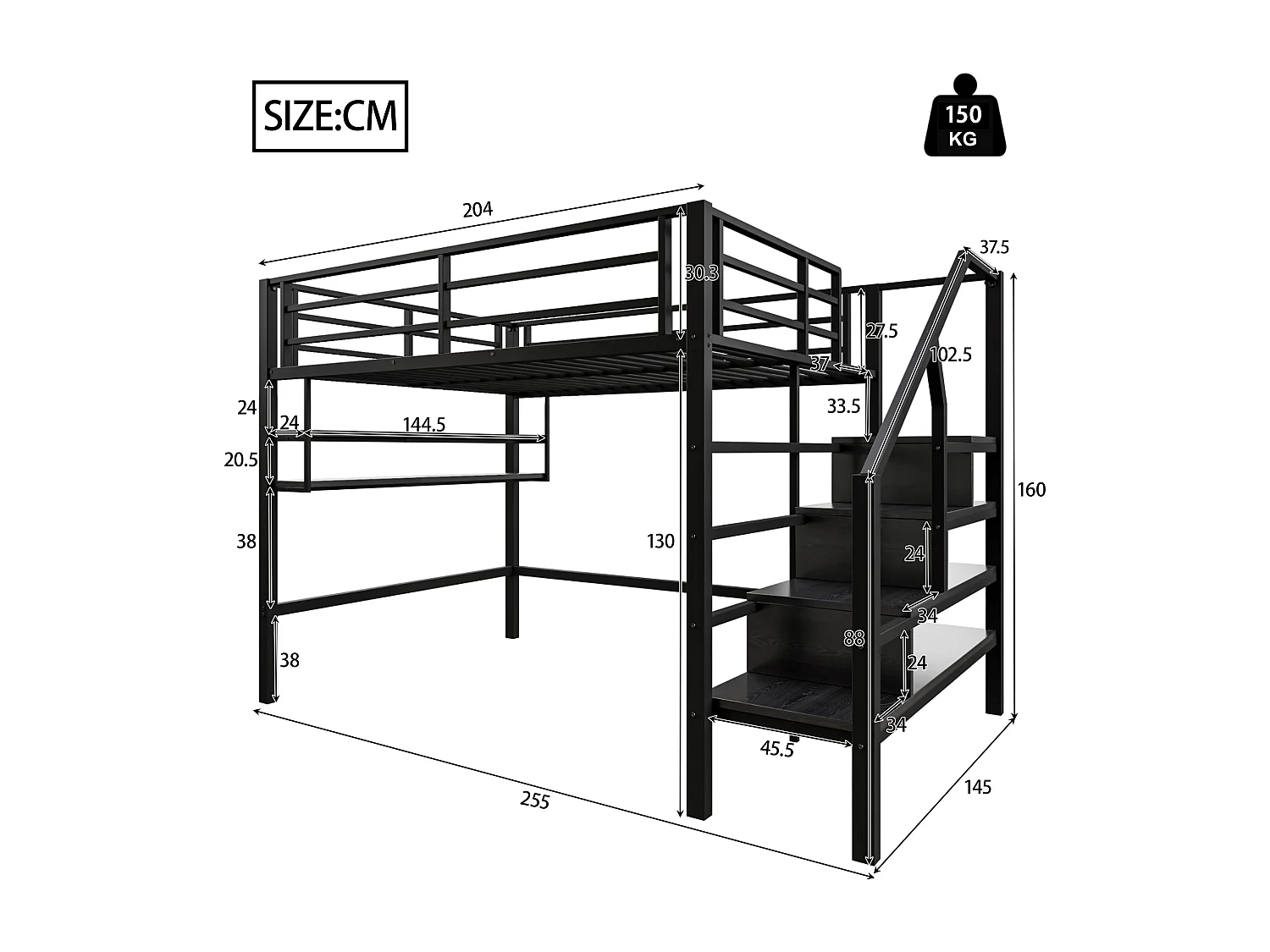 Lit mezzanine 140x200 cm en métal - avec étagère et échelle de rangement - Noir
