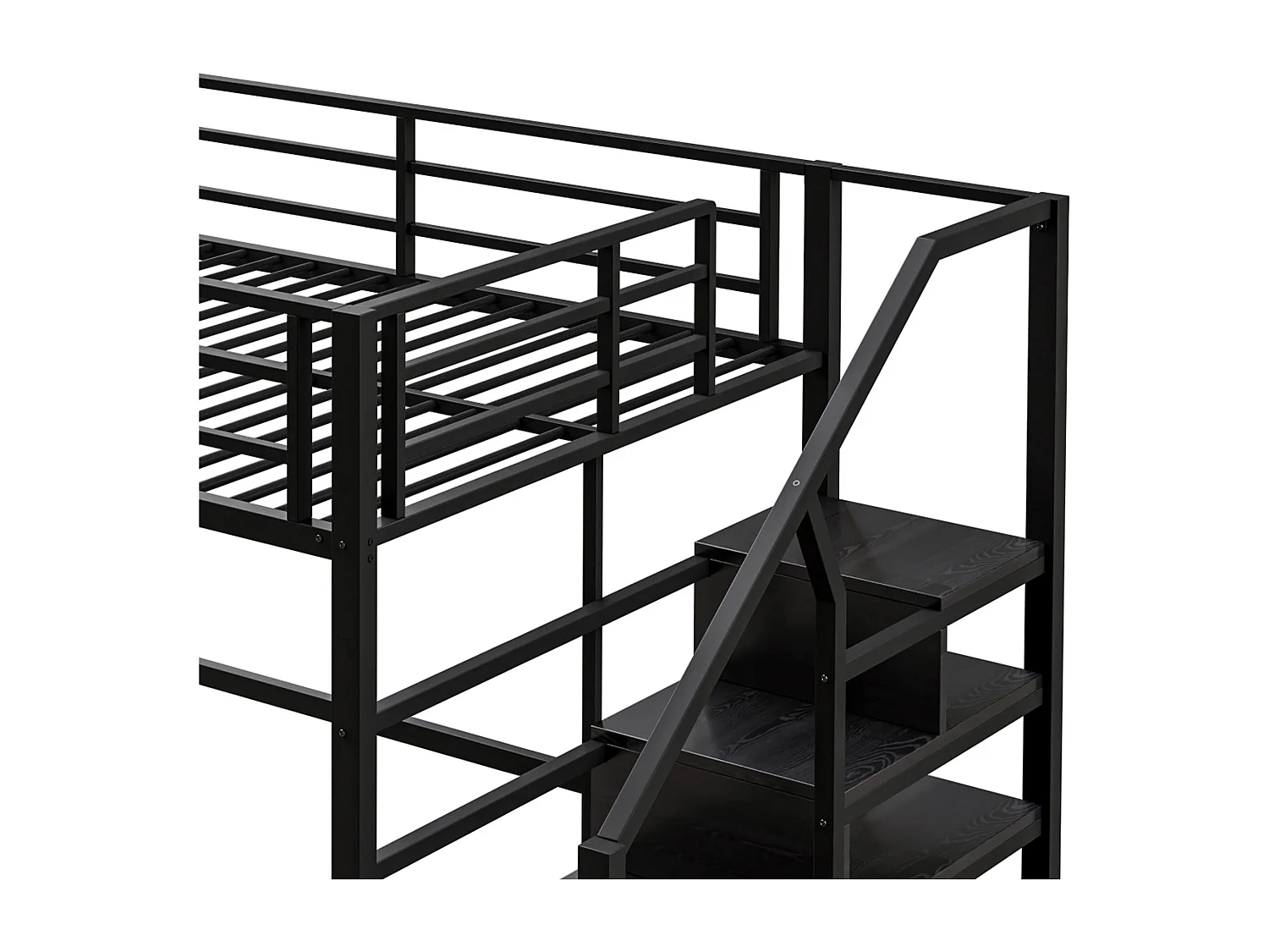 Lit mezzanine 140x200 cm en métal - avec étagère et échelle de rangement - Noir