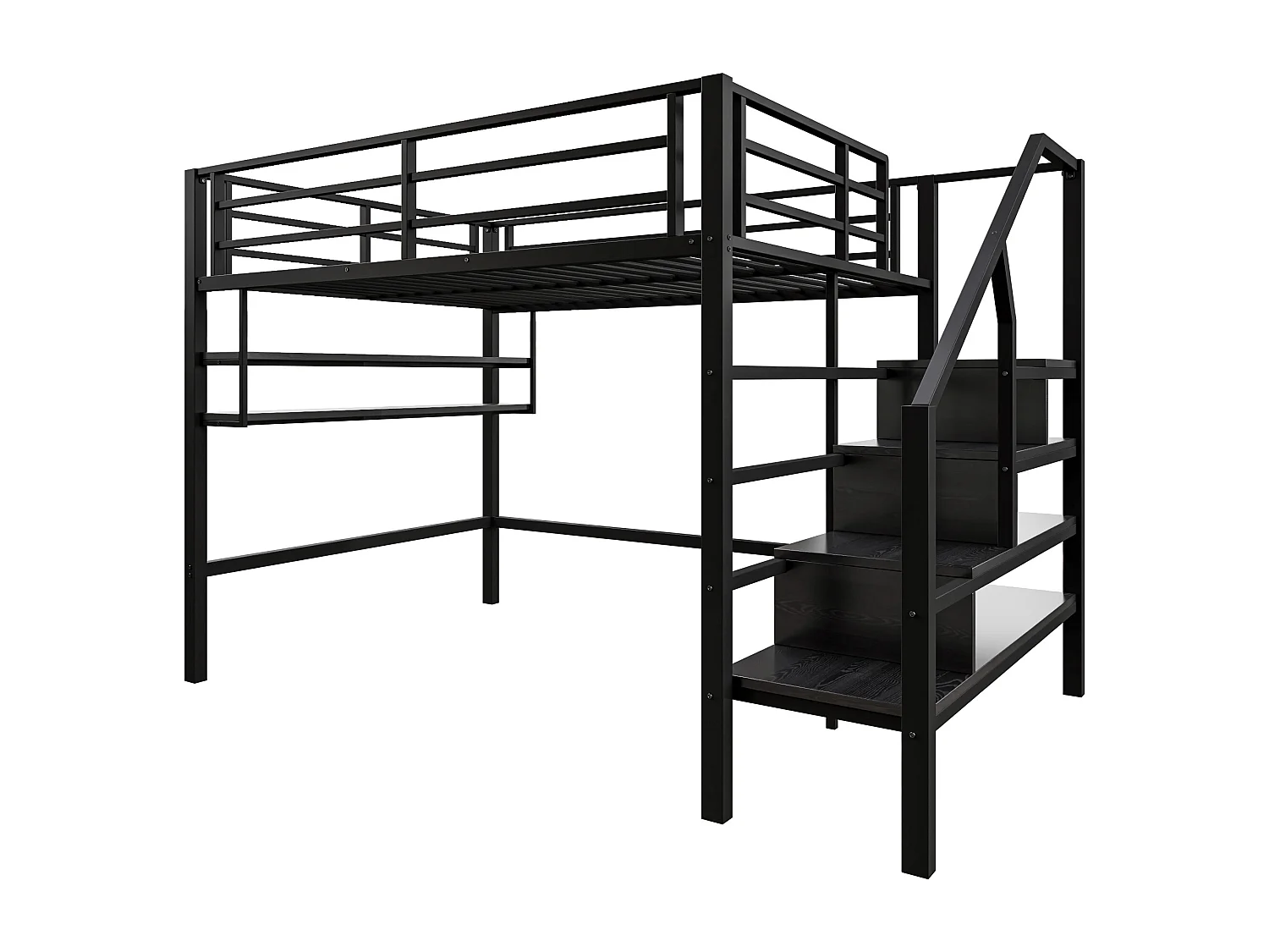 Lit mezzanine 140x200 cm en métal - avec étagère et échelle de rangement - Noir