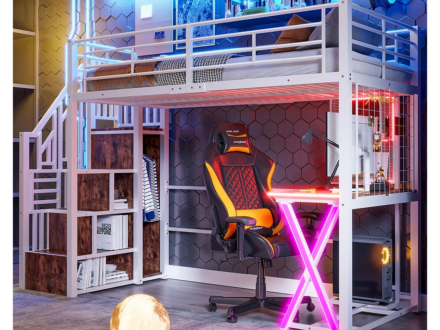 Lit mezzanine 90x200cm avec LED - bureau + penderie + échelle de rangement - Blanc