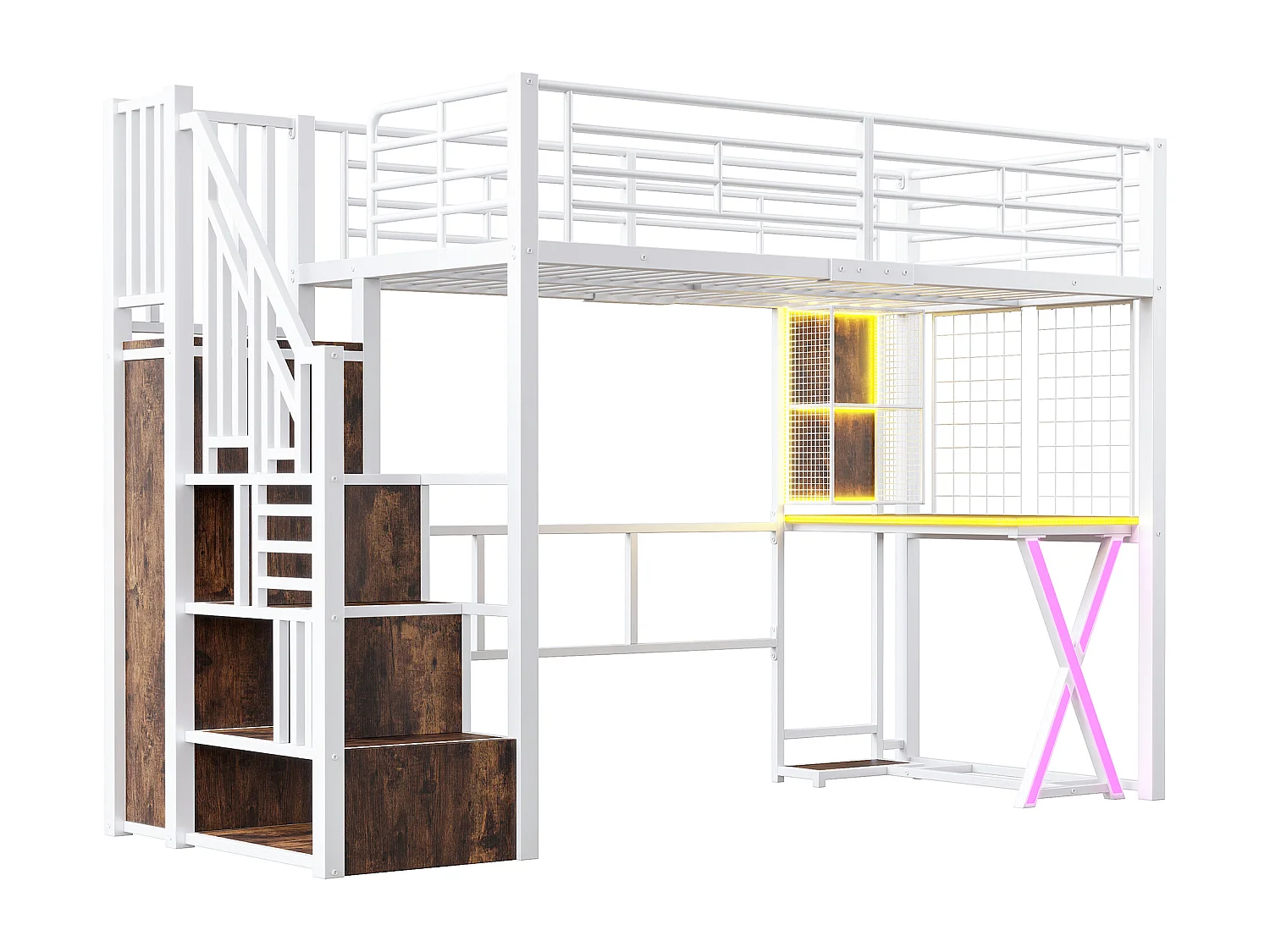 Lit mezzanine 90x200cm avec LED - bureau + penderie + échelle de rangement - Blanc