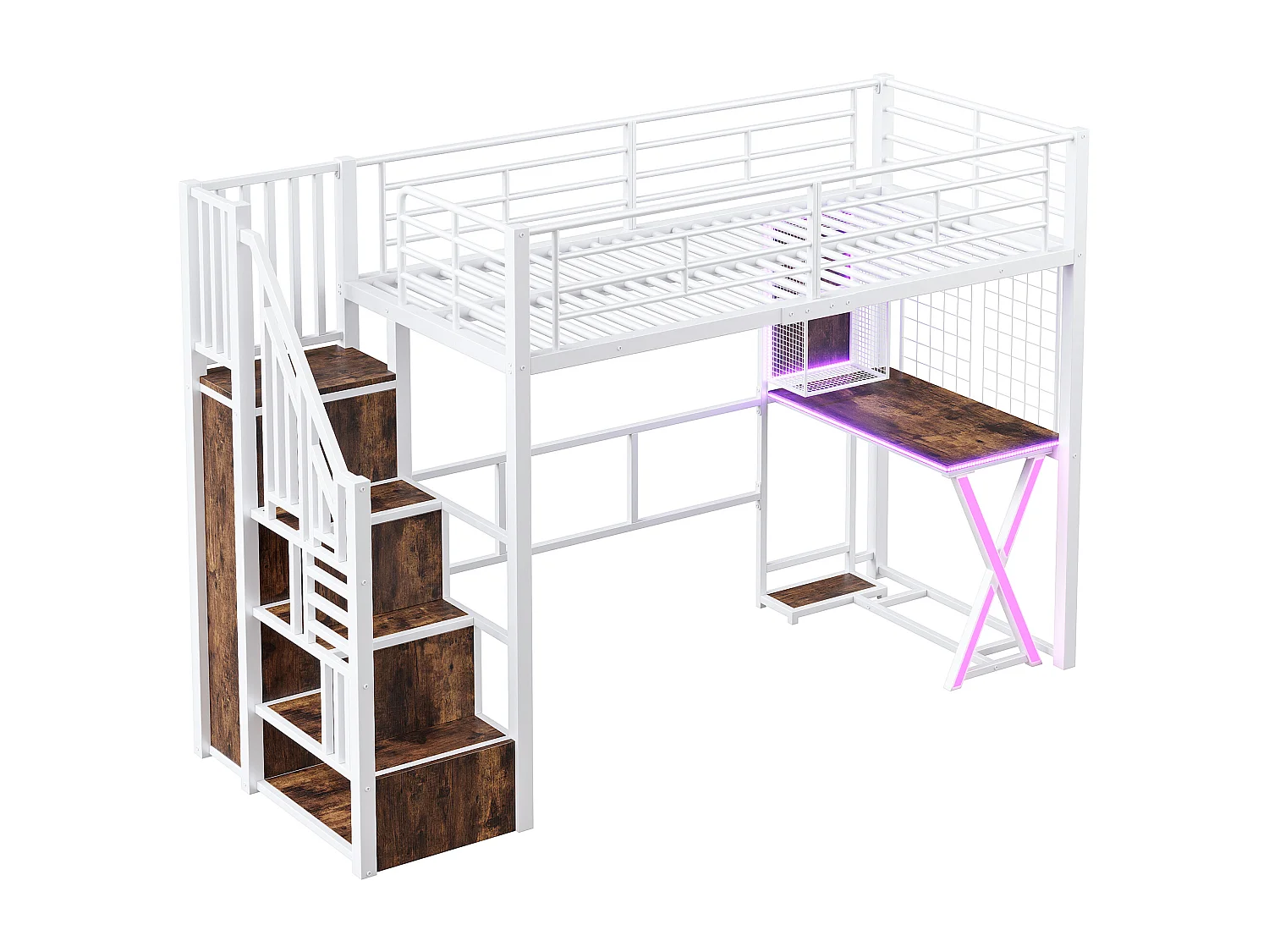 Lit mezzanine 90x200cm avec LED - bureau + penderie + échelle de rangement - Blanc