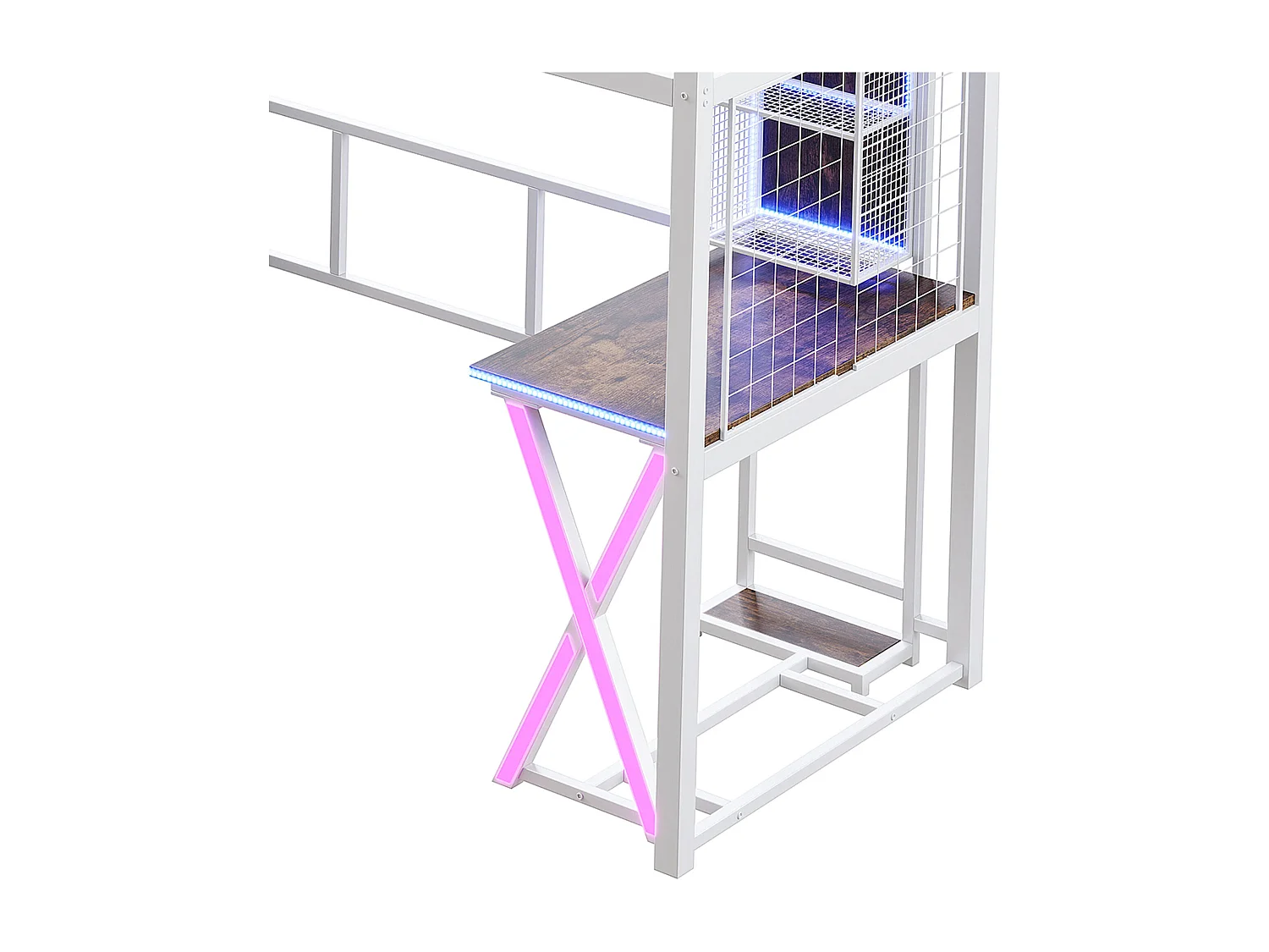 Lit mezzanine 90x200cm avec LED - bureau + penderie + échelle de rangement - Blanc