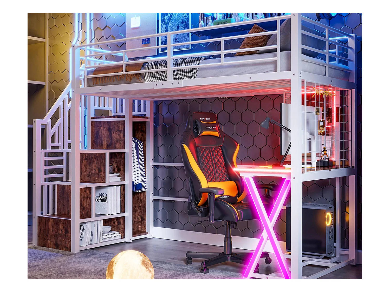 Lit mezzanine 90x200cm avec LED - bureau + penderie + échelle de rangement - Blanc