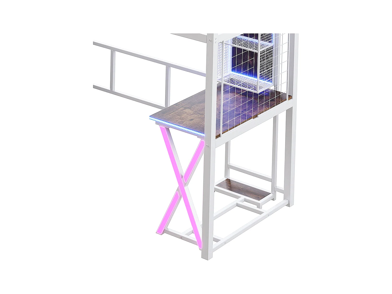 Lit mezzanine 90x200cm avec LED - bureau + penderie + échelle de rangement - Blanc