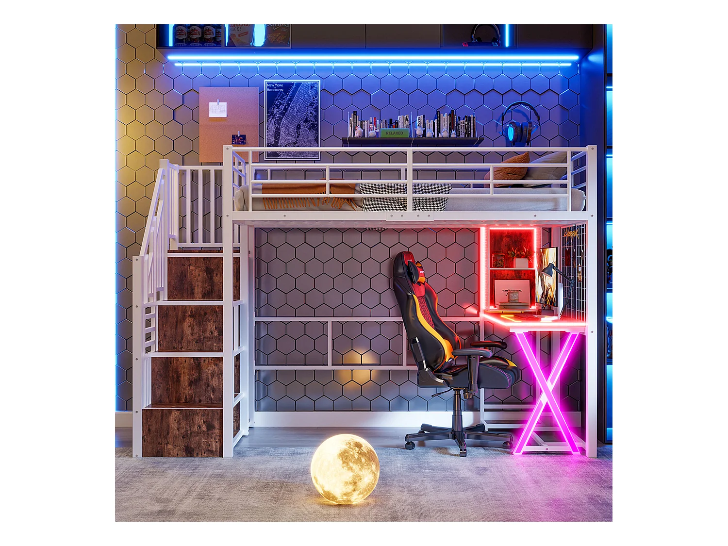 Lit mezzanine 90x200cm avec LED - bureau + penderie + échelle de rangement - Blanc