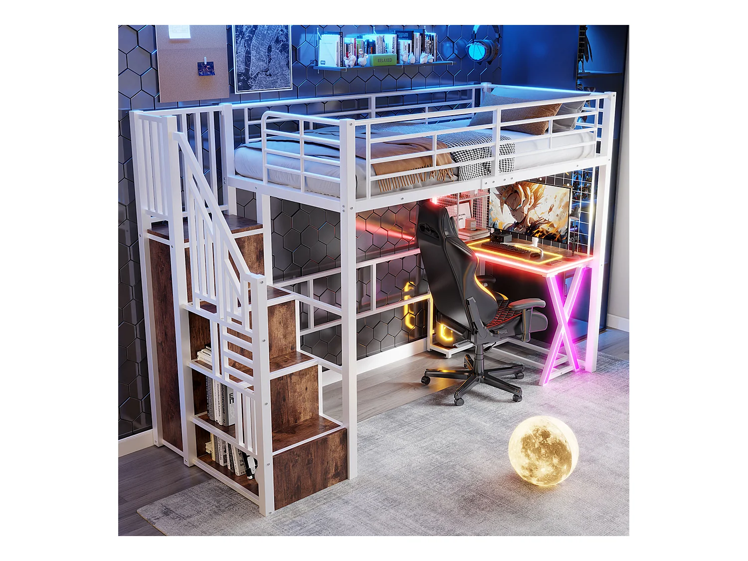 Lit mezzanine 90x200cm avec LED - bureau + penderie + échelle de rangement - Blanc