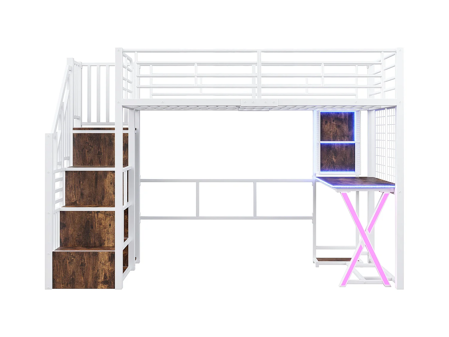 Lit mezzanine 90x200cm avec LED - bureau + penderie + échelle de rangement - Blanc