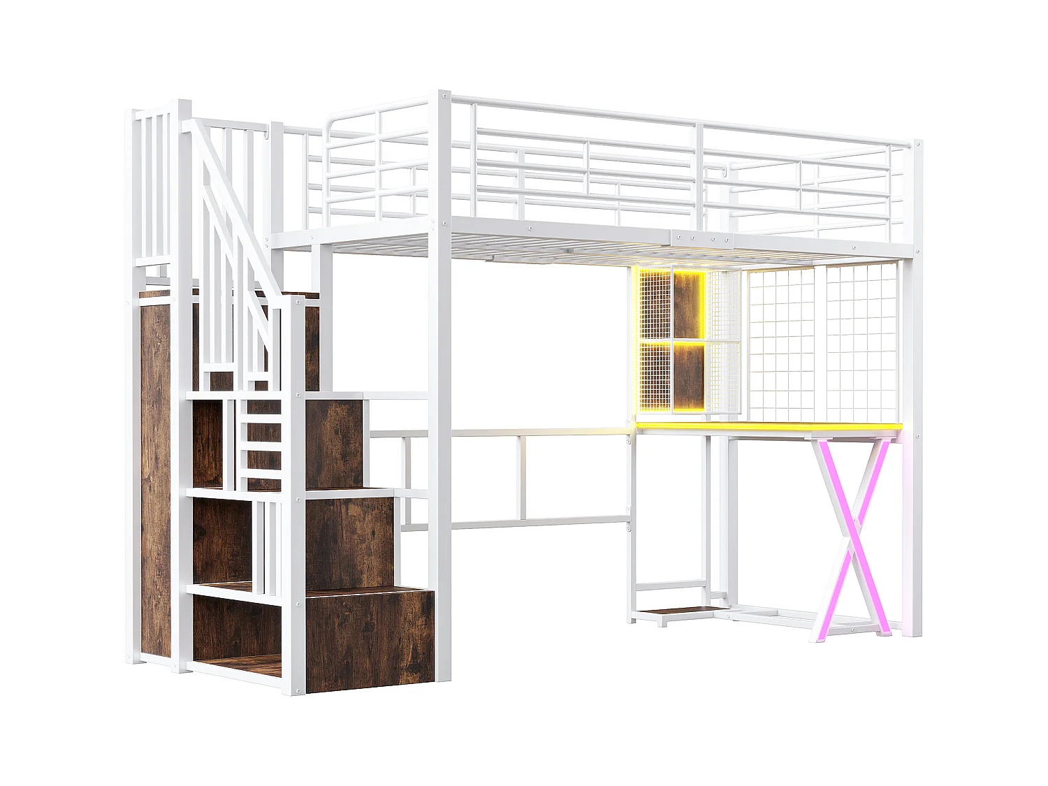 Lit mezzanine 90x200cm avec LED - bureau + penderie + échelle de rangement - Blanc