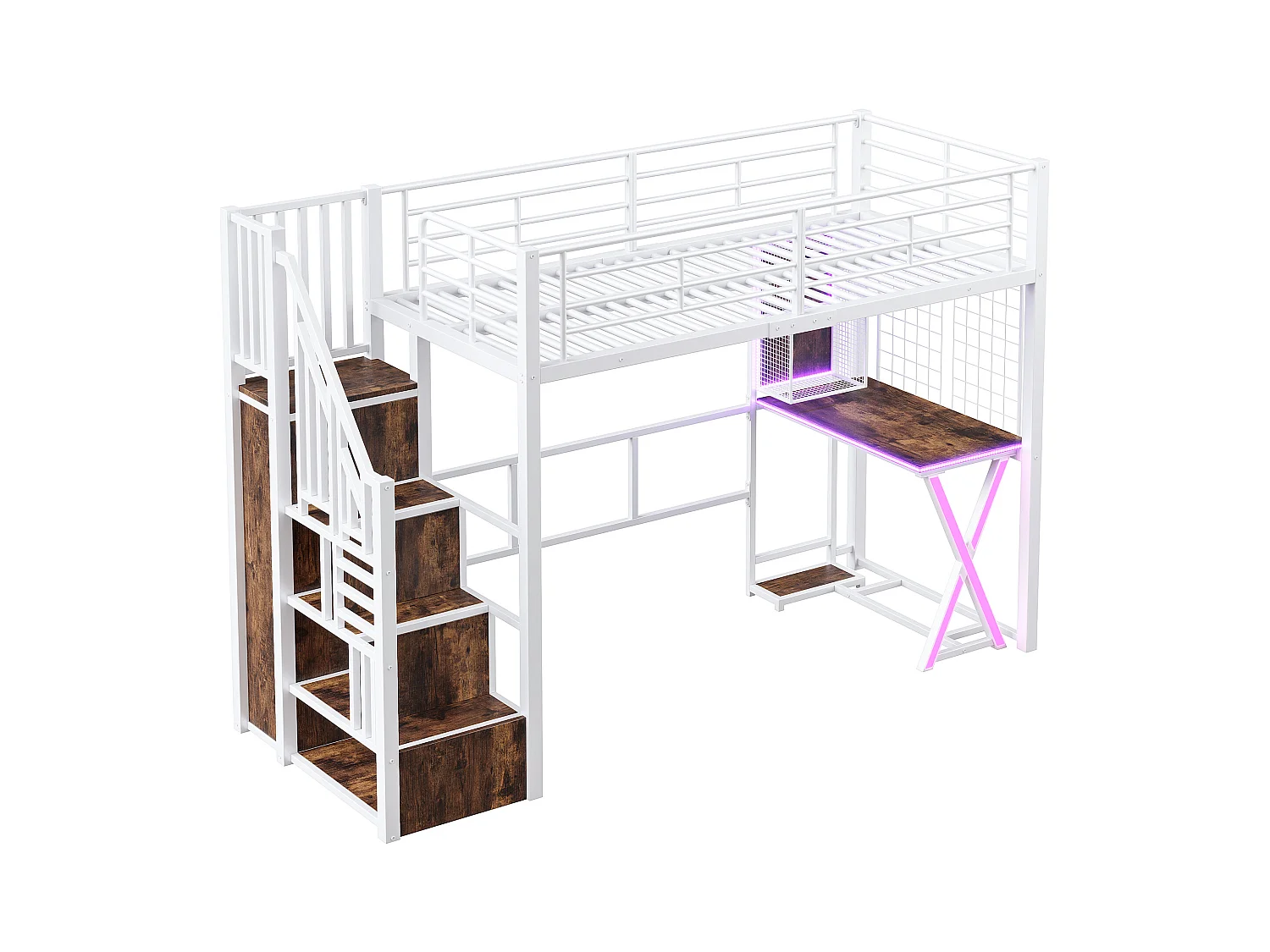 Lit mezzanine 90x200cm avec LED - bureau + penderie + échelle de rangement - Blanc