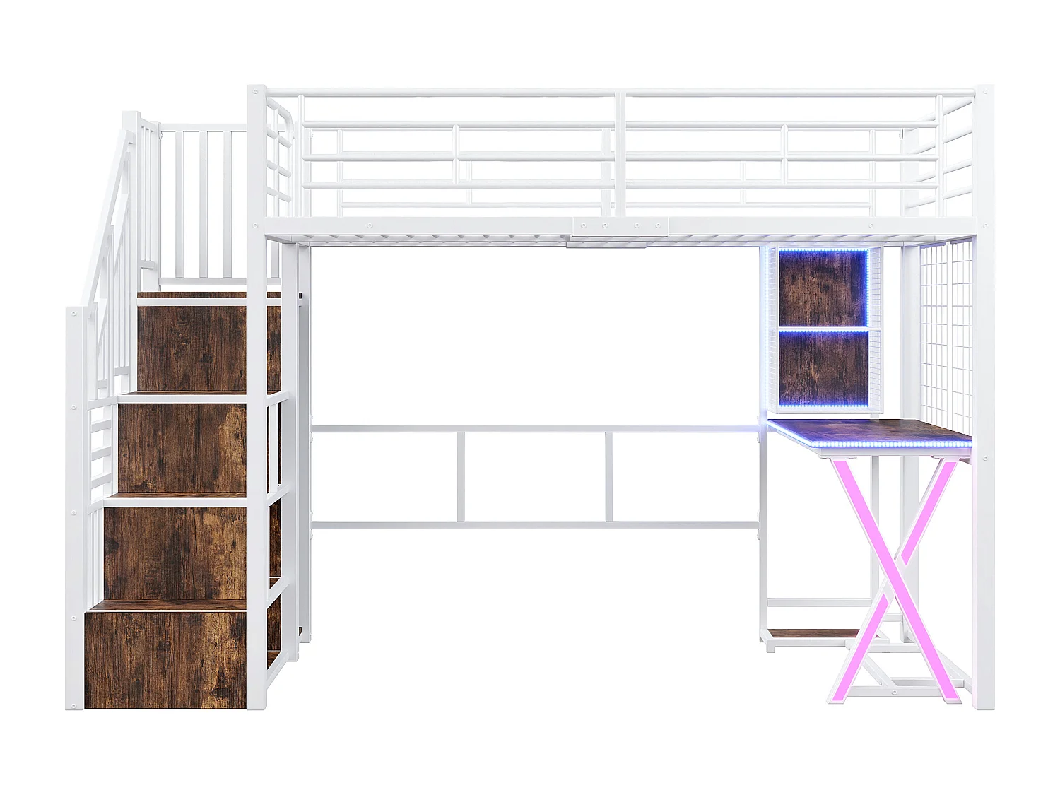 90x200cm Hochbett mit LED - Schreibtisch + Kleiderschrank + Stauraumleiter - Weiß