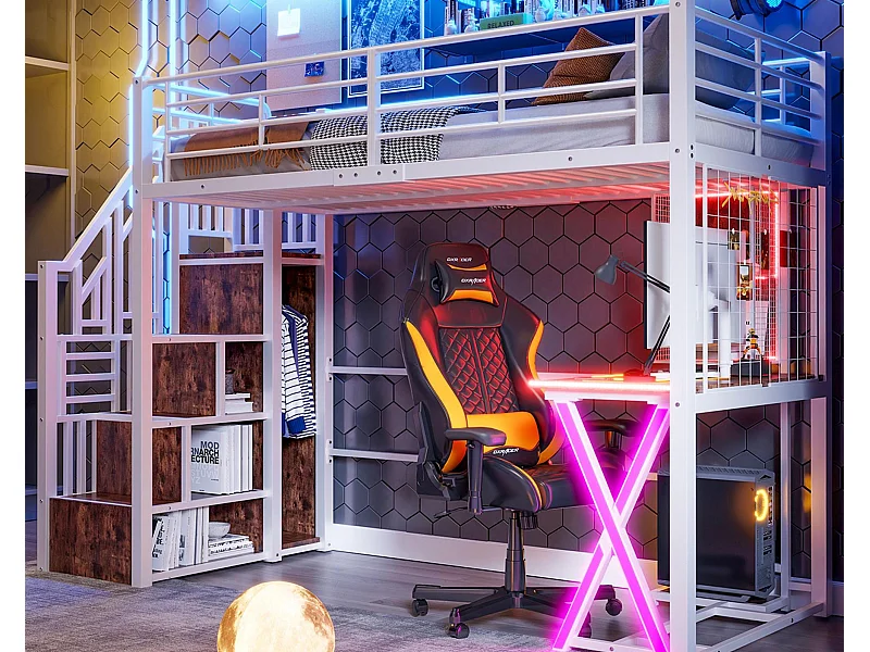 90x200cm Hochbett mit LED - Schreibtisch + Kleiderschrank + Stauraumleiter - Weiß