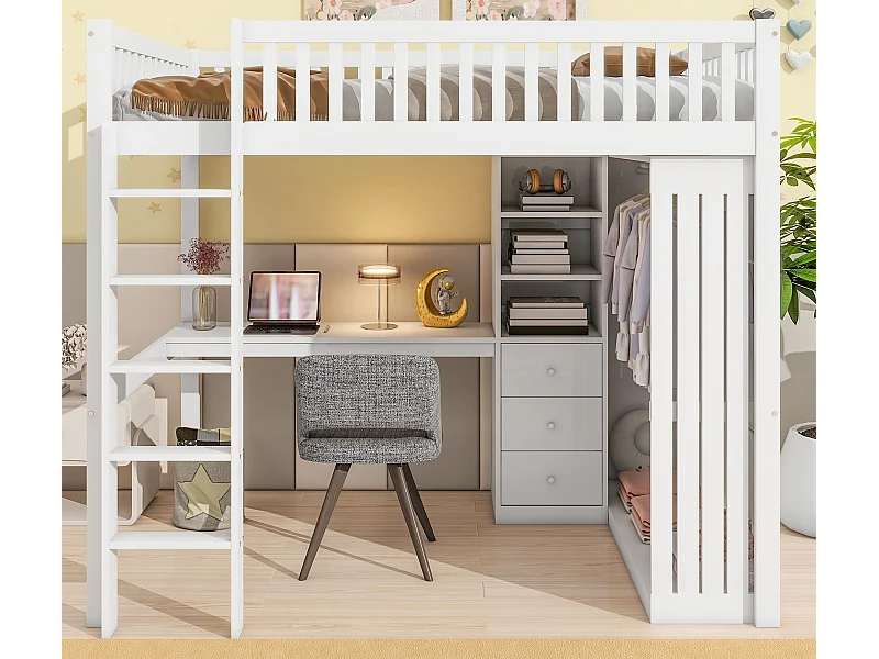 Cama alta em madeira 140x200 cm - com secretária e roupeiro - Branco