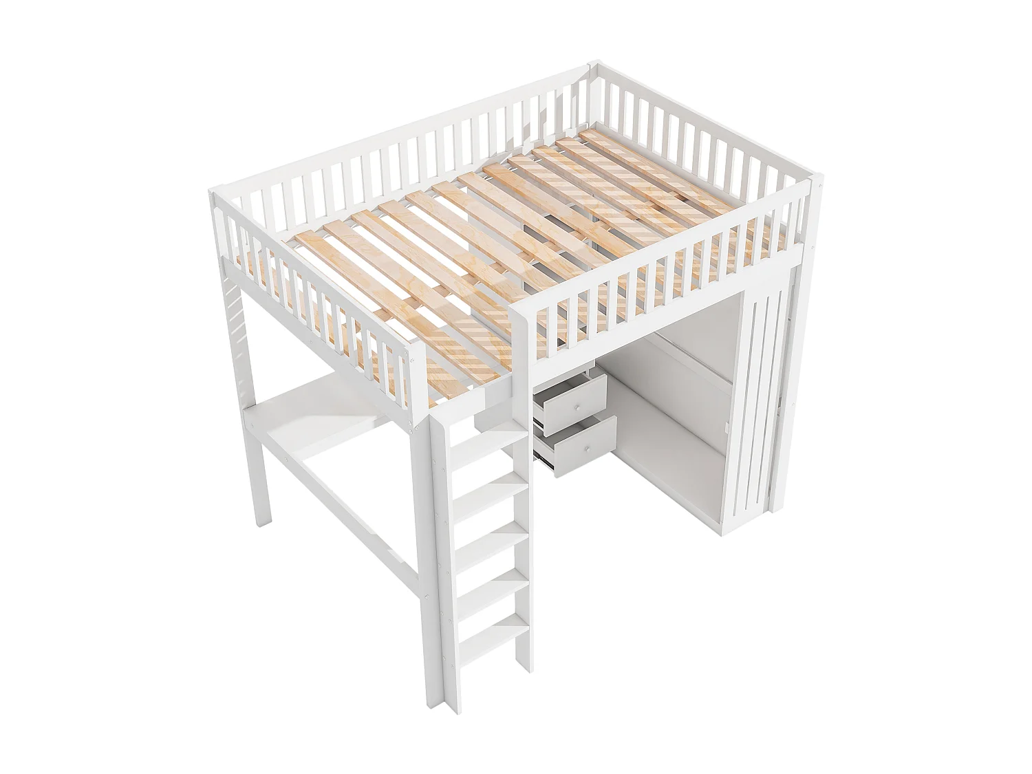 Lit mezzanine 140x200 cm en bois - avec bureau & penderie - Blanc