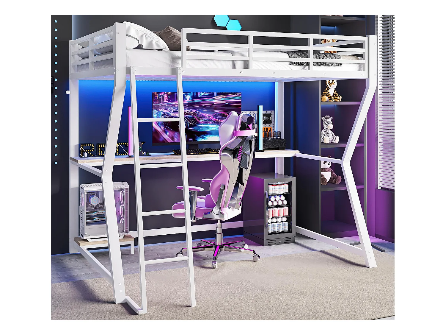 Lit mezzanine 90x200cm avec LED et prises - bureau + escalier - Blanc