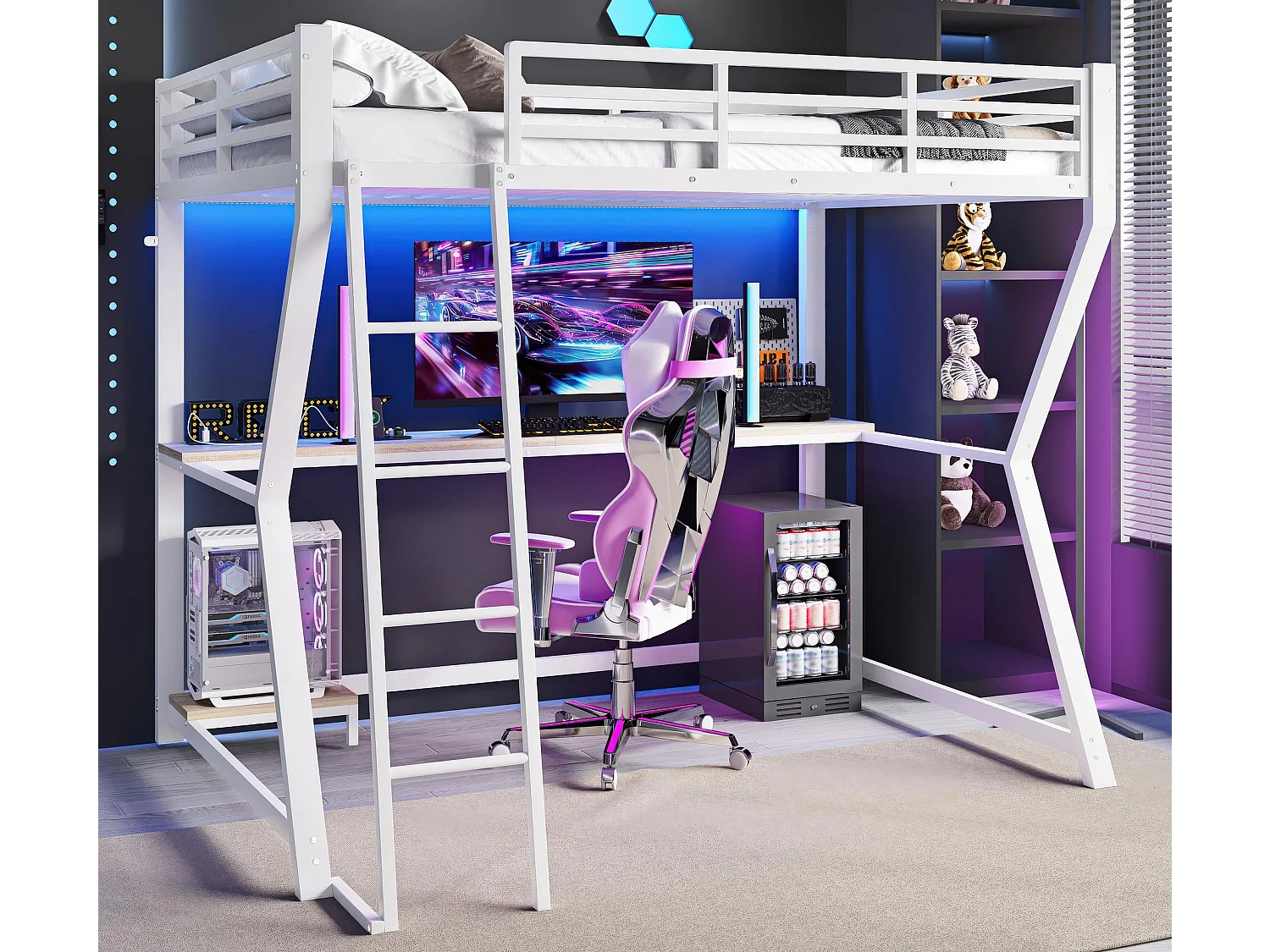 90x200cm Hochbett mit LED und Steckdosen - Schreibtisch + Treppe - Weiß