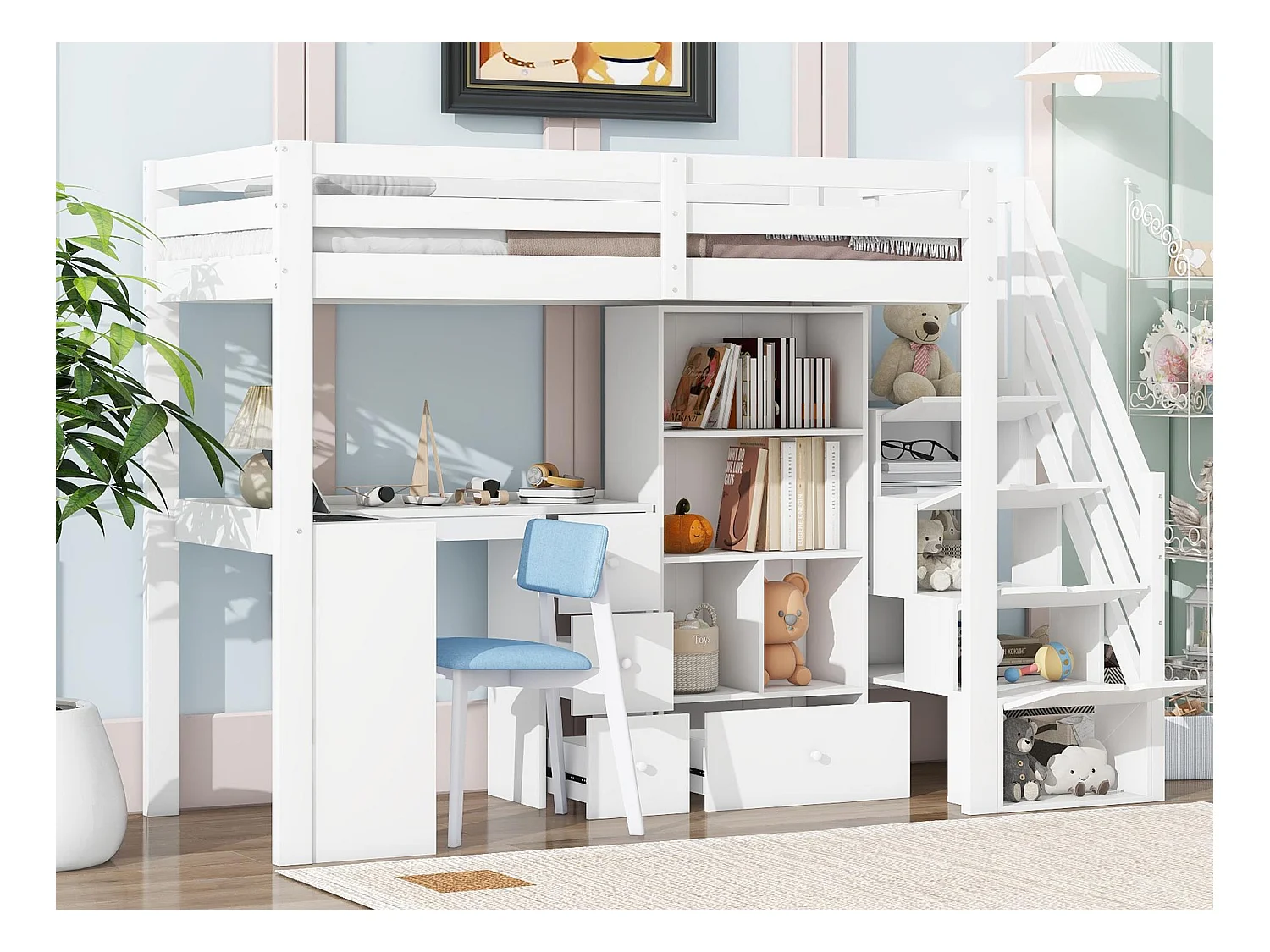 Lit mezzanine 90x200 cm en bois - avec bureau et multiples rangements - Blanc