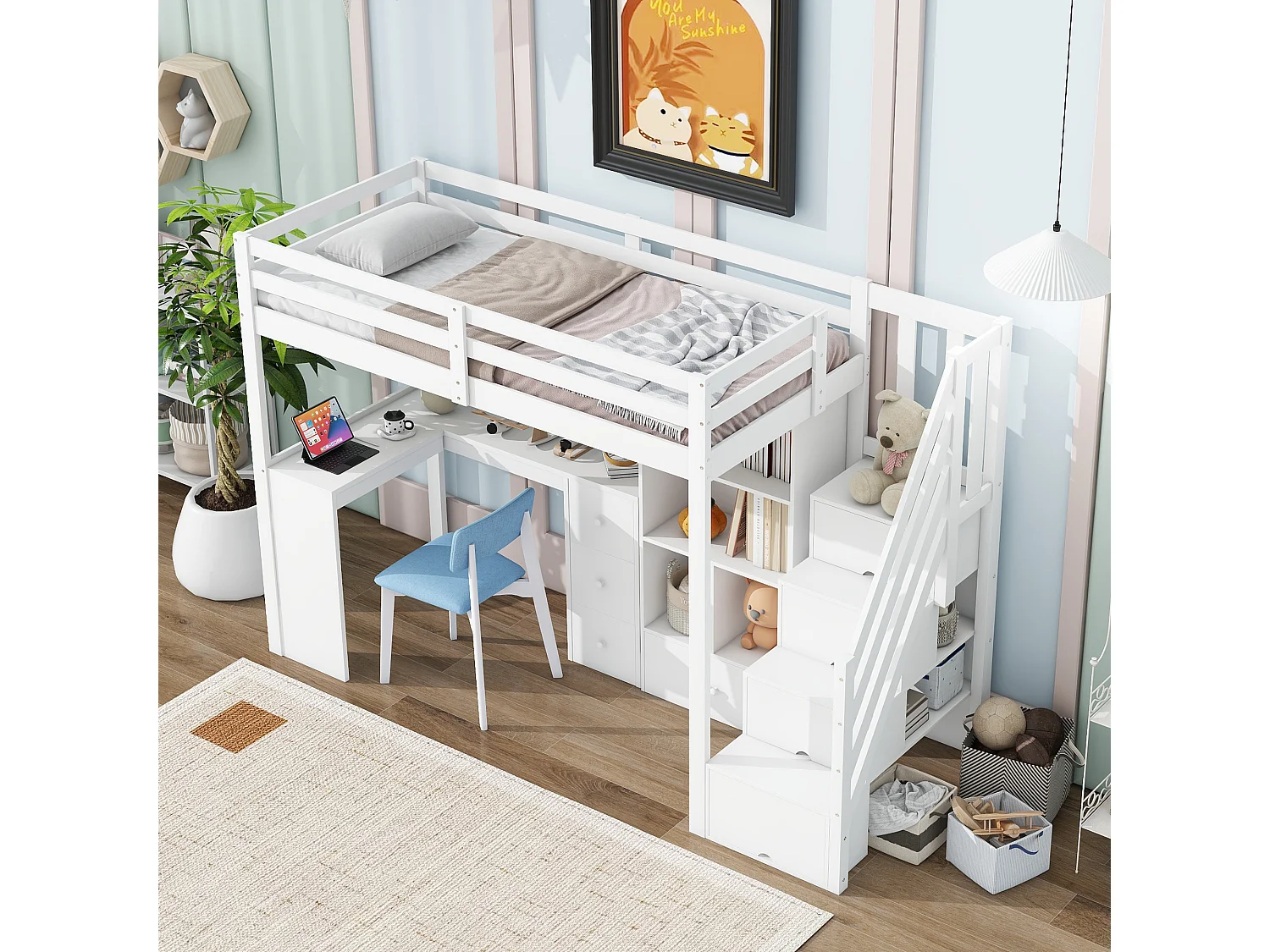 Lit mezzanine 90x200 cm en bois - avec bureau et multiples rangements - Blanc