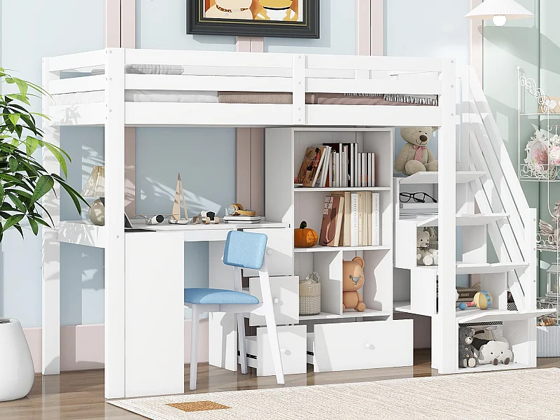 Lit mezzanine 90x200 cm en bois - avec bureau et multiples rangements - Blanc