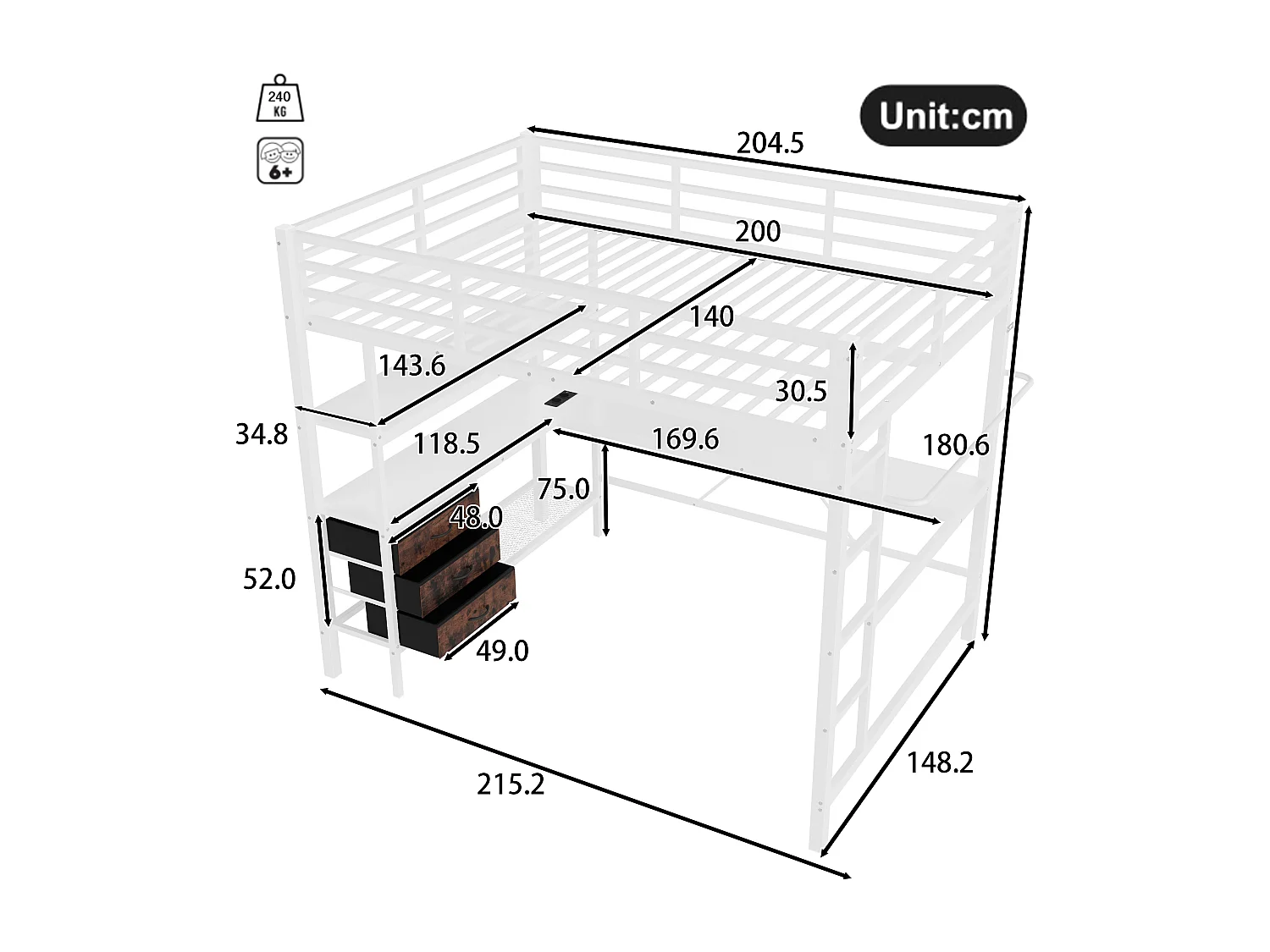 Lit mezzanine 140x200cm avec LED et prises - bureau avec 3 tiroirs et étagère - Blanc