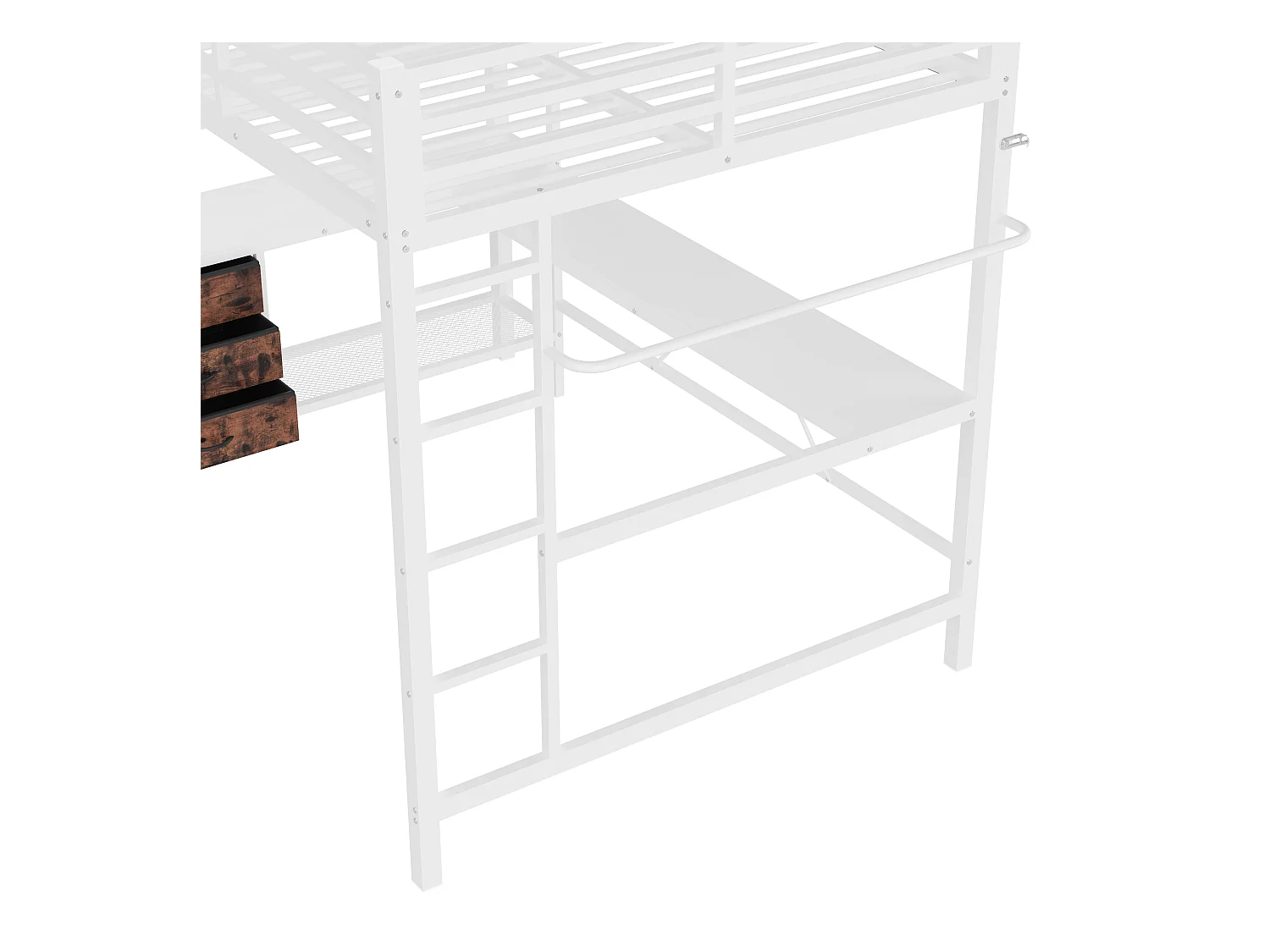 Lit mezzanine 140x200cm avec LED et prises - bureau avec 3 tiroirs et étagère - Blanc