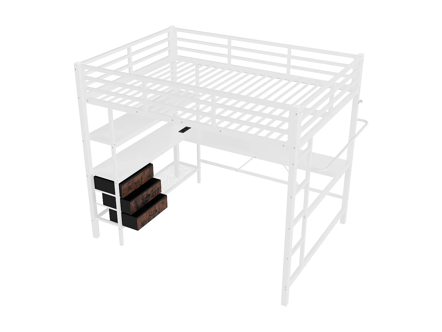 Lit mezzanine 140x200cm avec LED et prises - bureau avec 3 tiroirs et étagère - Blanc