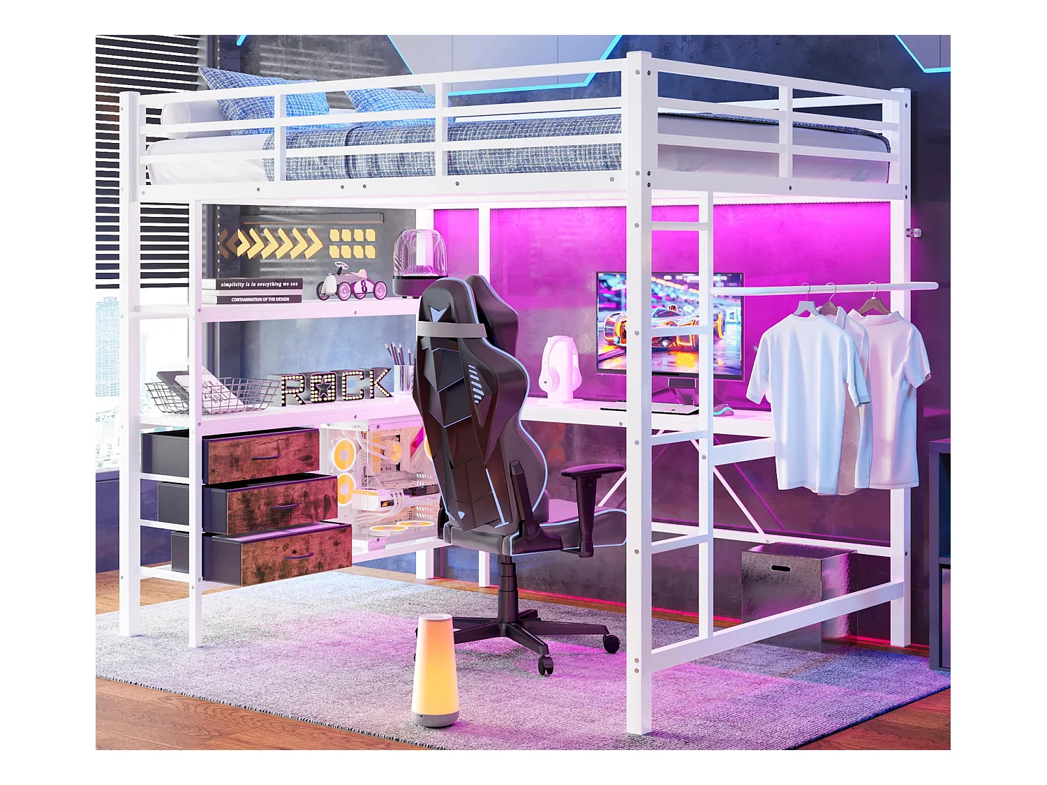 Lit mezzanine 140x200cm avec LED et prises - bureau avec 3 tiroirs et étagère - Blanc