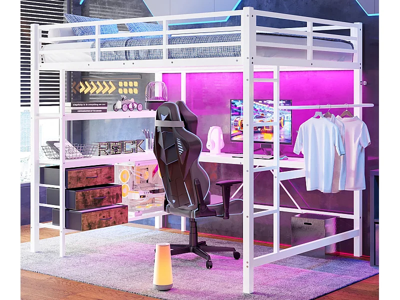 Cama alta 140x200cm con LED y enchufes - escritorio con 3 cajones y balda - Blanco