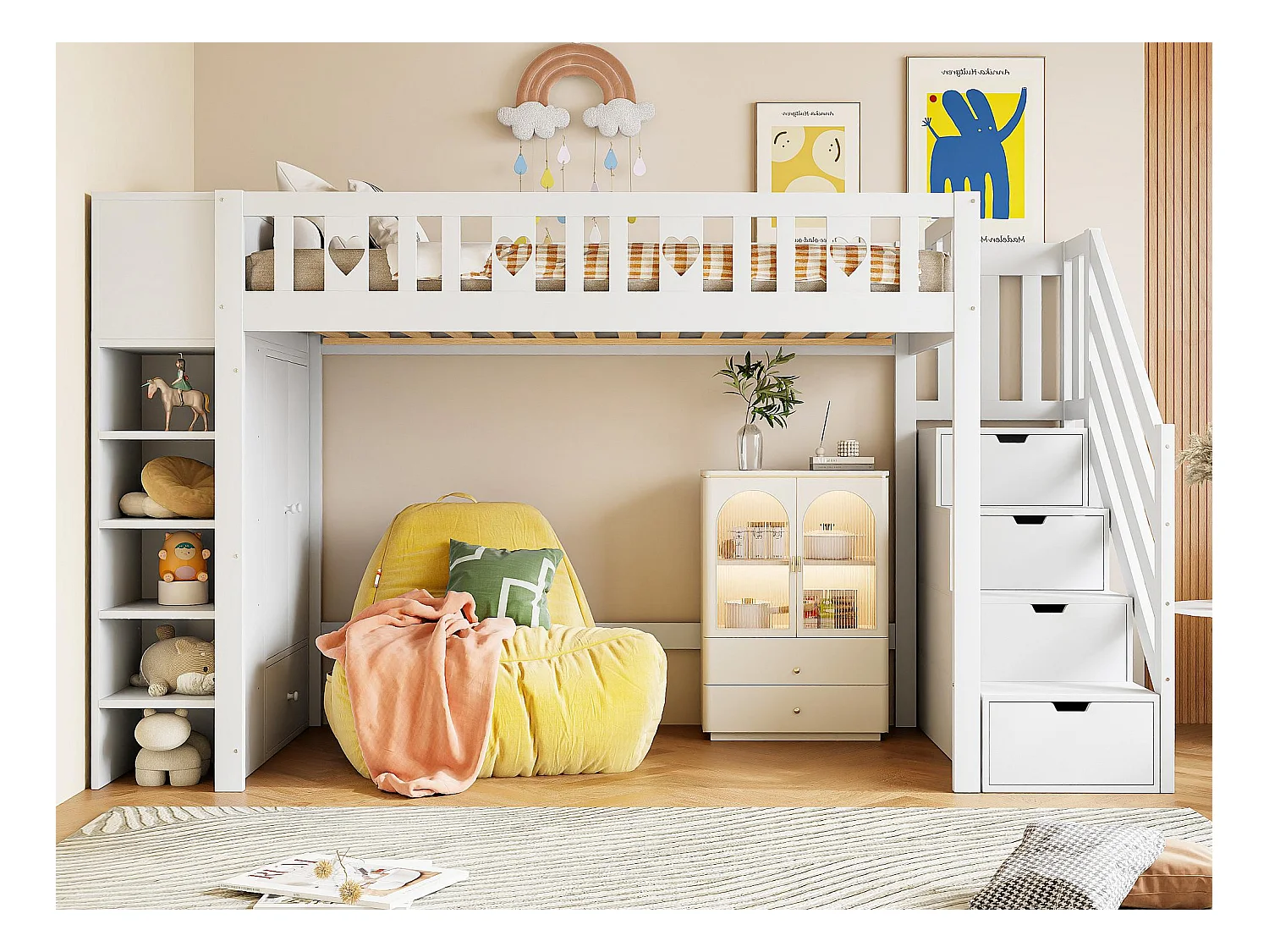 Lit mezzanine 90x200 cm en bois - avec multiples rangements & échelle de rangement - Blanc