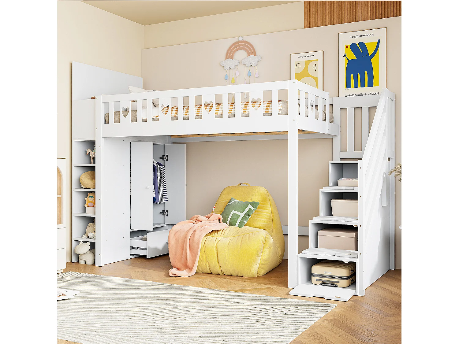 Lit mezzanine 90x200 cm en bois - avec multiples rangements & échelle de rangement - Blanc