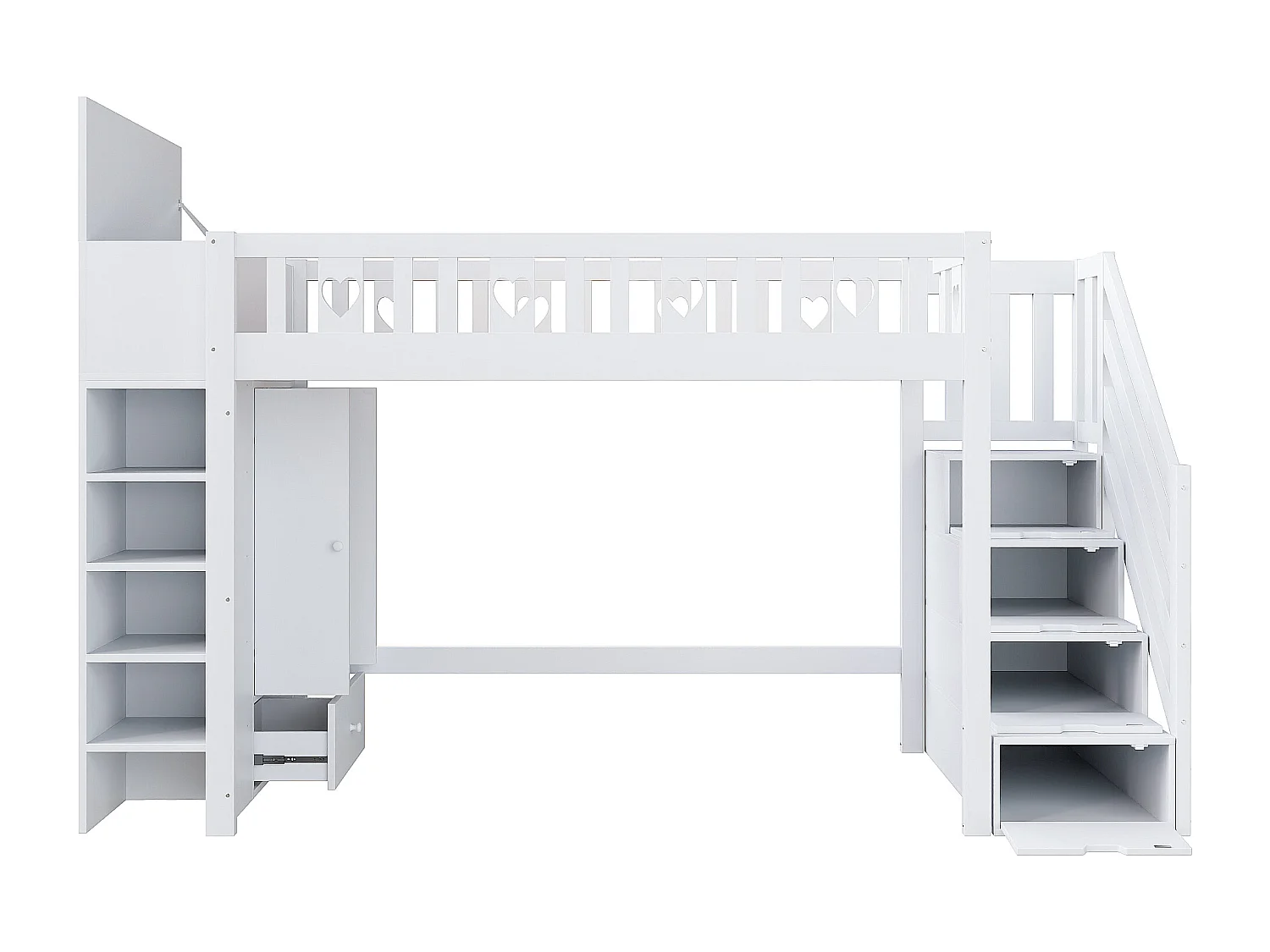 Lit mezzanine 90x200 cm en bois - avec multiples rangements & échelle de rangement - Blanc