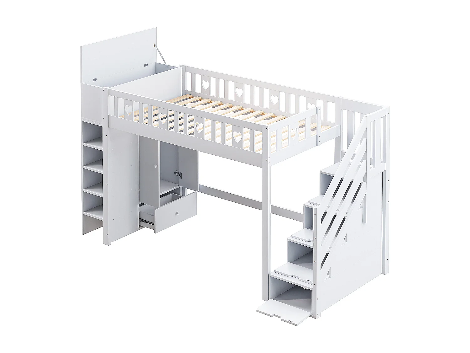 Lit mezzanine 90x200 cm en bois - avec multiples rangements & échelle de rangement - Blanc