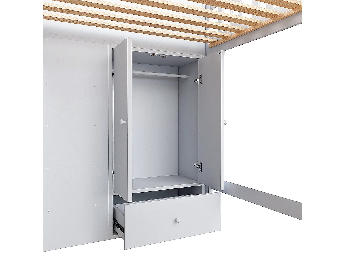 Lit mezzanine 90x200 cm en bois - avec multiples rangements & échelle de rangement - Blanc