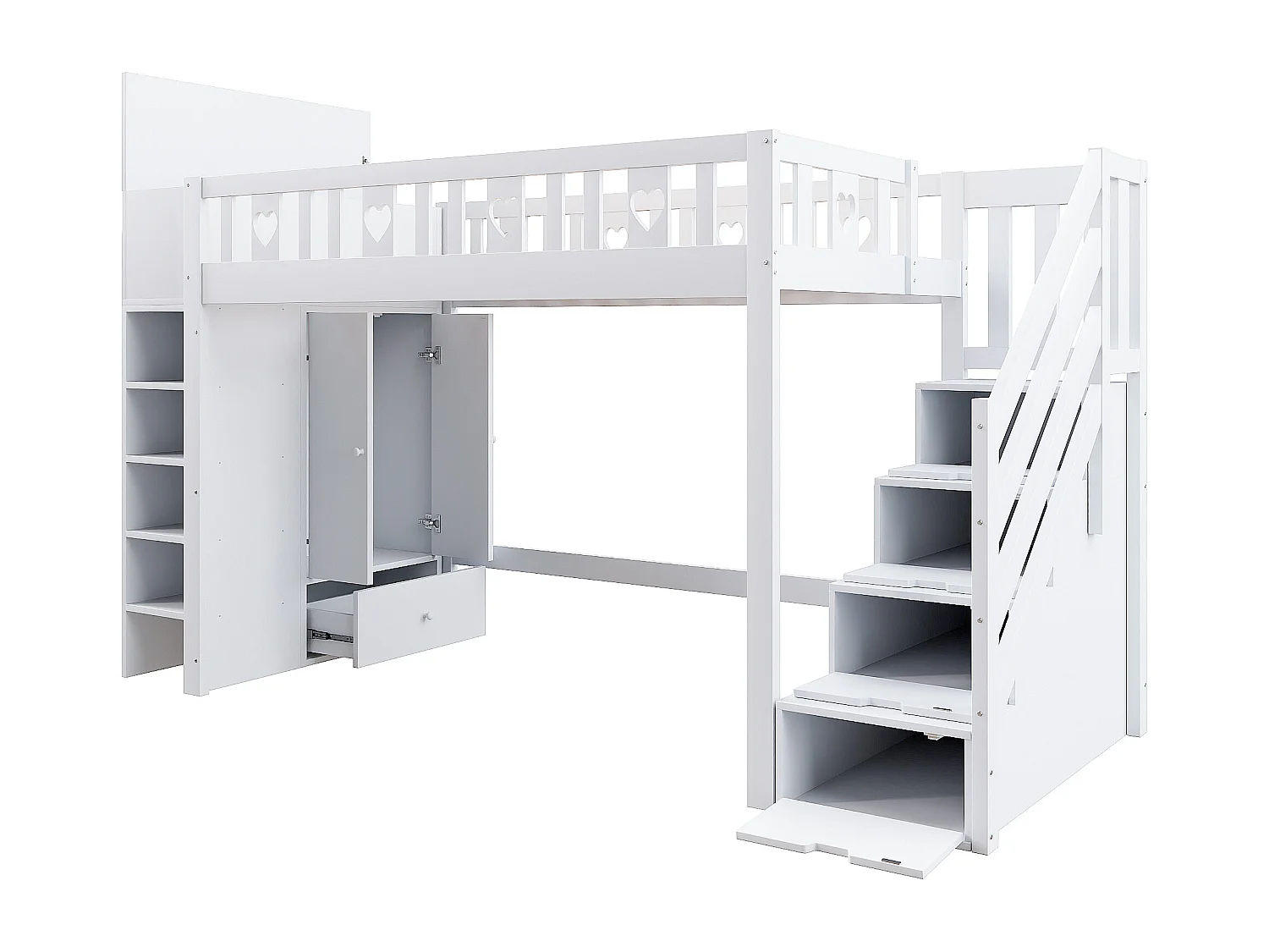 Lit mezzanine 90x200 cm en bois - avec multiples rangements & échelle de rangement - Blanc