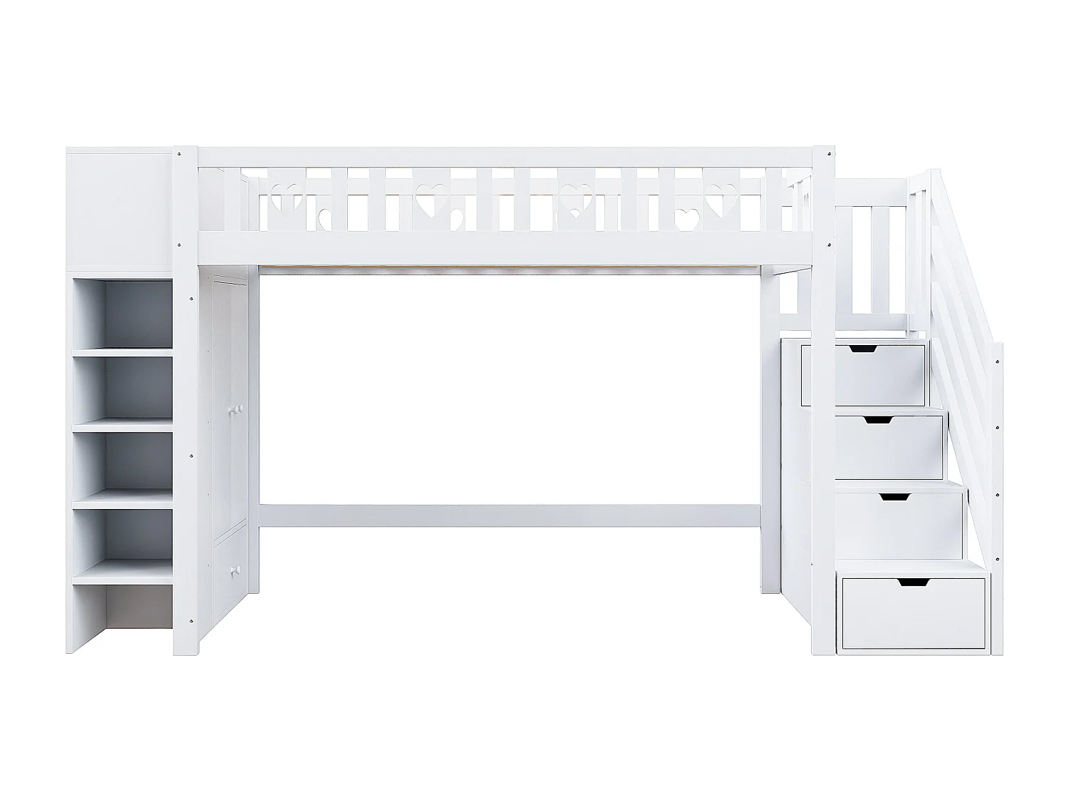 Lit mezzanine 90x200 cm en bois - avec multiples rangements & échelle de rangement - Blanc