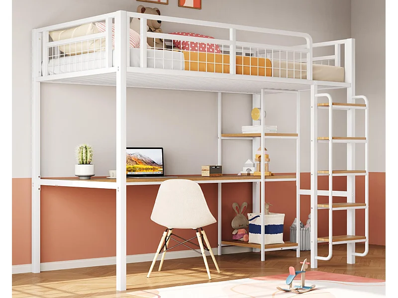 Metalen hoogslaper 90x200 cm - met bureau en veiligheidsladder - Wit