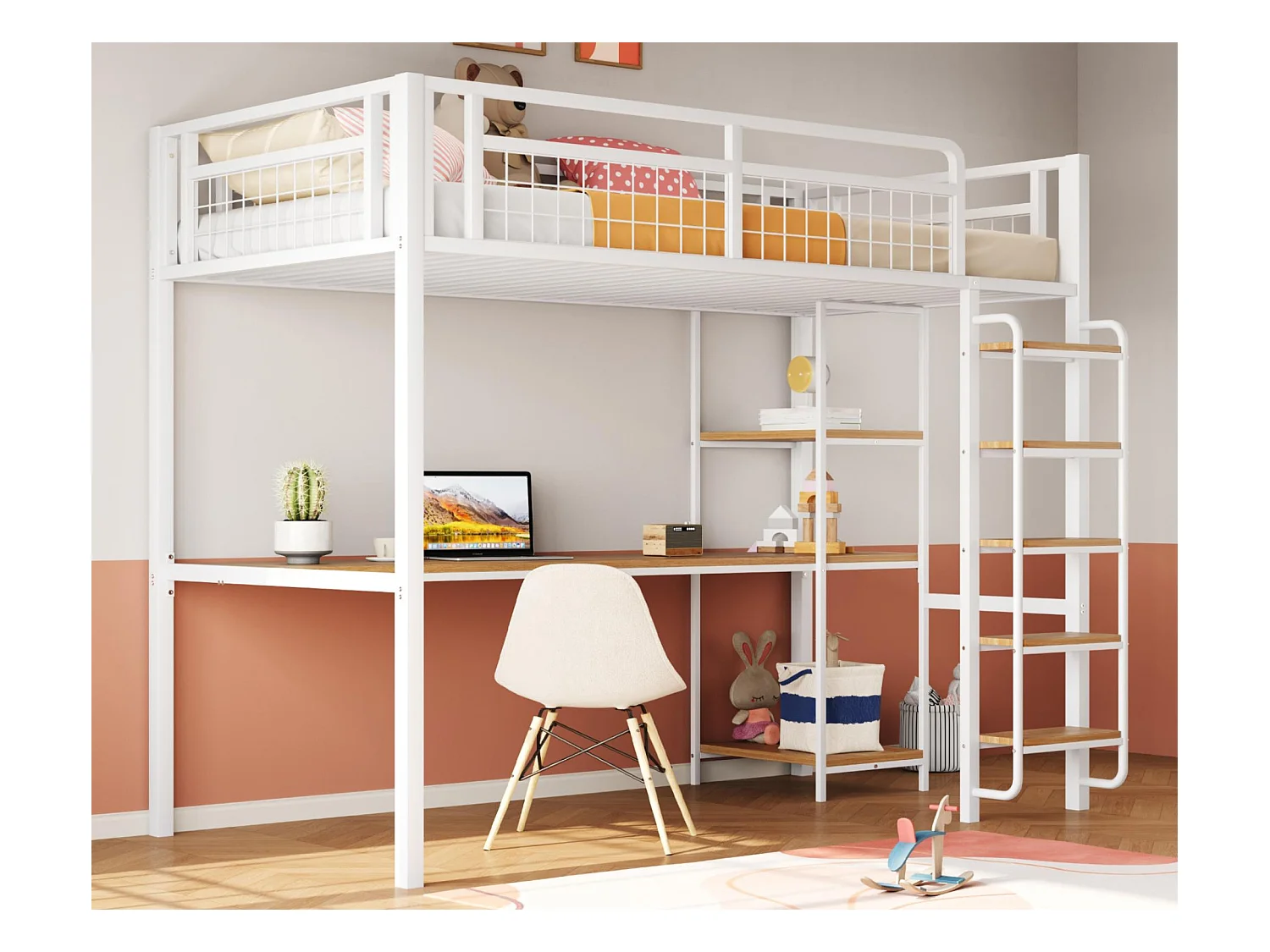 Lit mezzanine en métal 90x200 cm - avec bureau et échelle de sécurité - Blanc