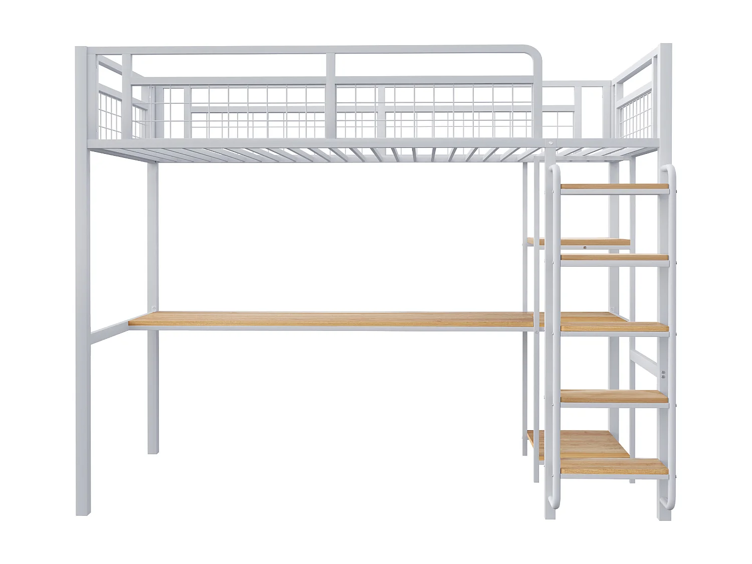 Lit mezzanine en métal 90x200 cm - avec bureau et échelle de sécurité - Blanc