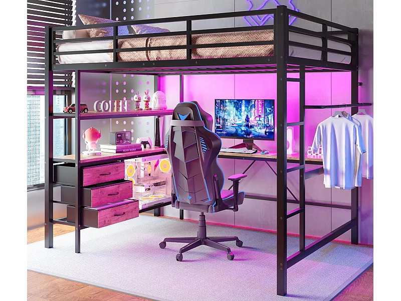 Letto a soppalco 140x200cm con LED e prese - scrivania con 3 cassetti e ripiano - Nero