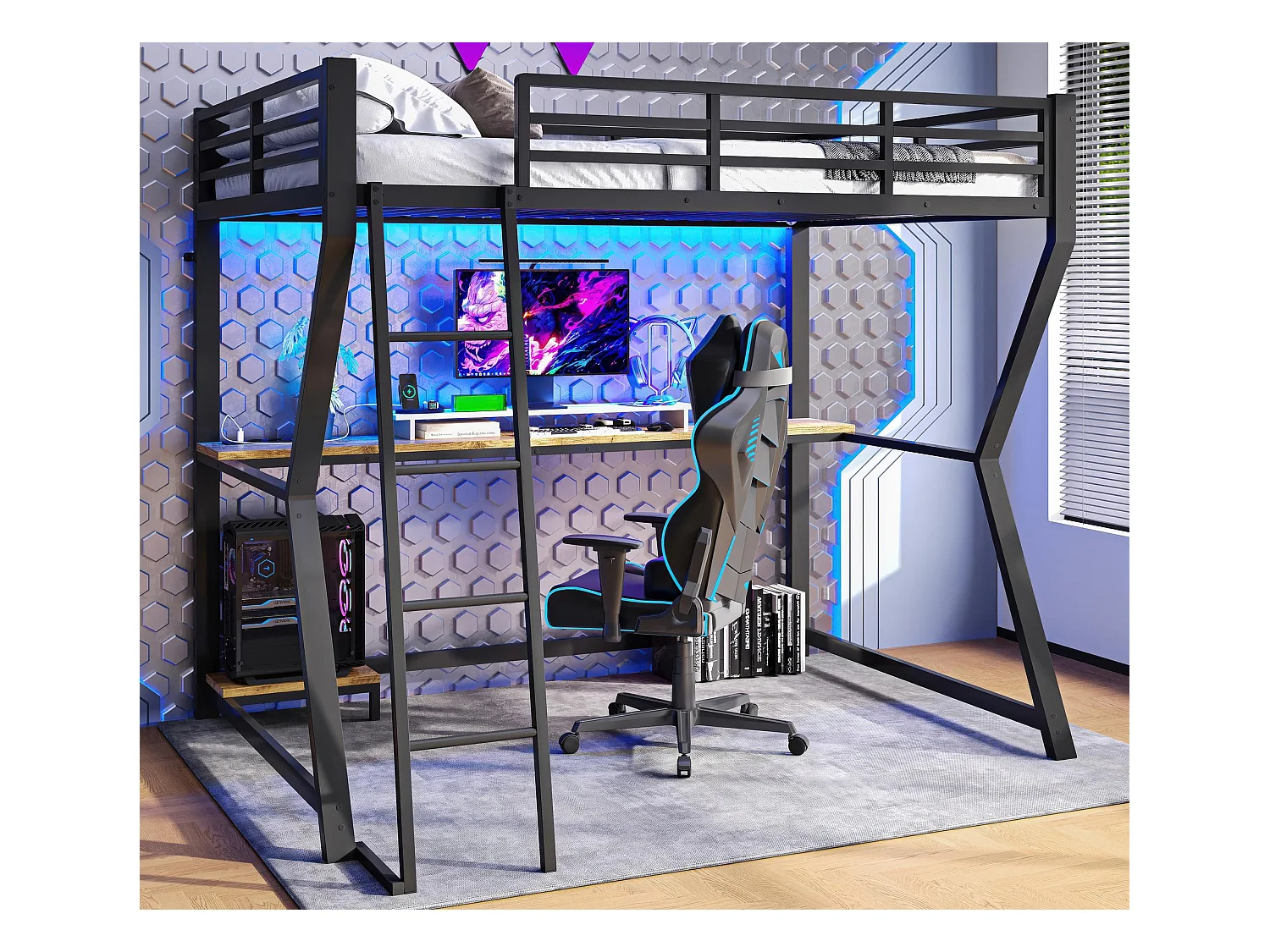 Lit mezzanine 90x200cm avec LED et prises - bureau + escalier - Noir