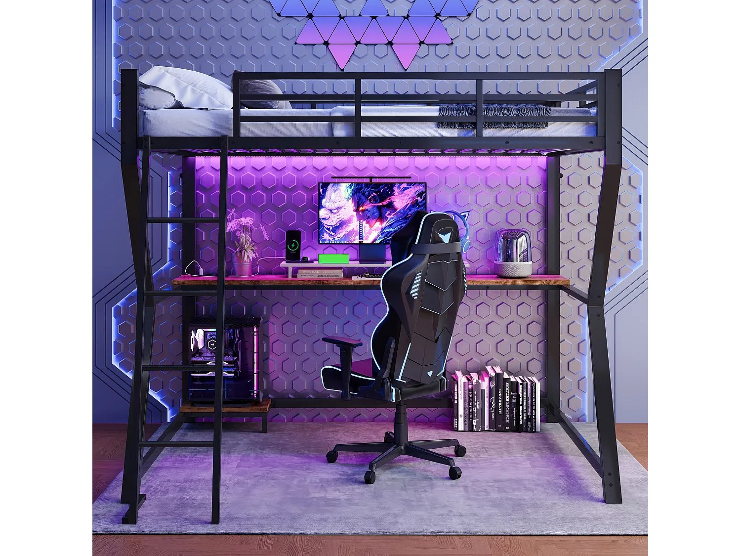 Lit mezzanine 90x200cm avec LED et prises - bureau + escalier - Noir