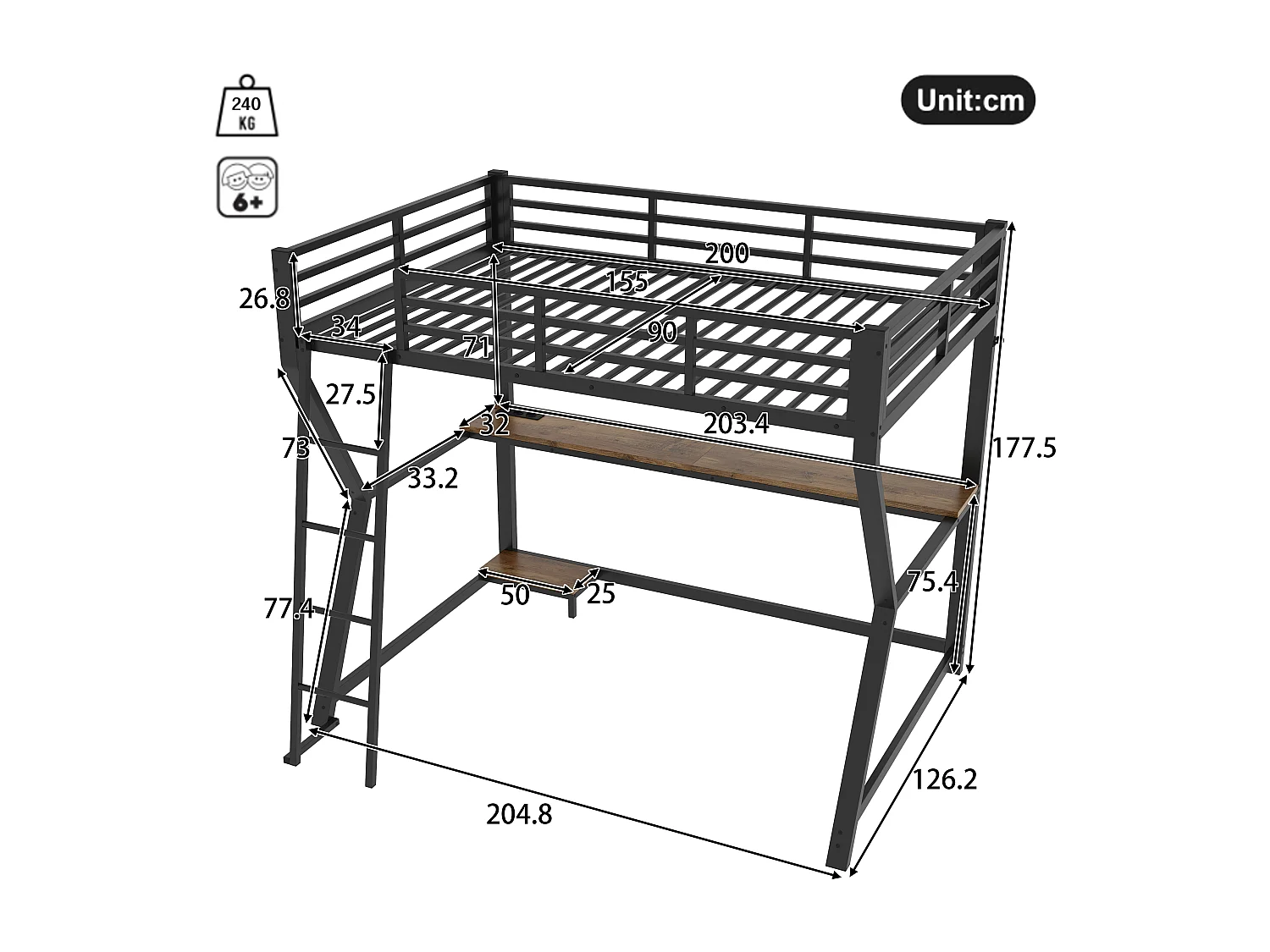 Lit mezzanine 90x200cm avec LED et prises - bureau + escalier - Noir