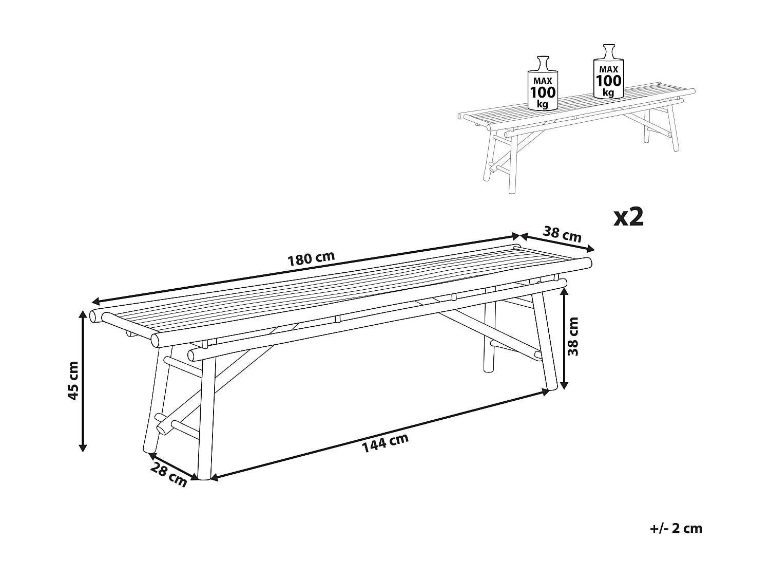 Lot de 2 bancs de jardin TINDARI 180 cm Bambou Marron clair