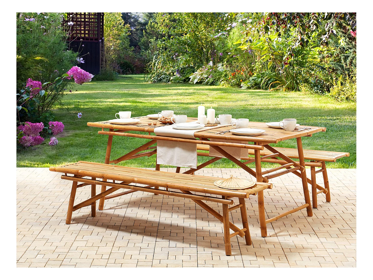 Lot de 2 bancs de jardin TINDARI 180 cm Bambou Marron clair
