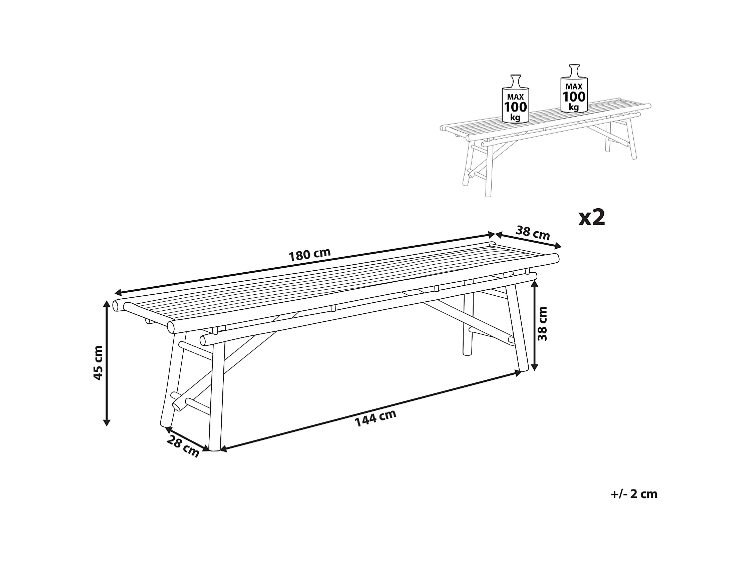 Lot de 2 bancs de jardin TINDARI 180 cm Bambou Marron clair