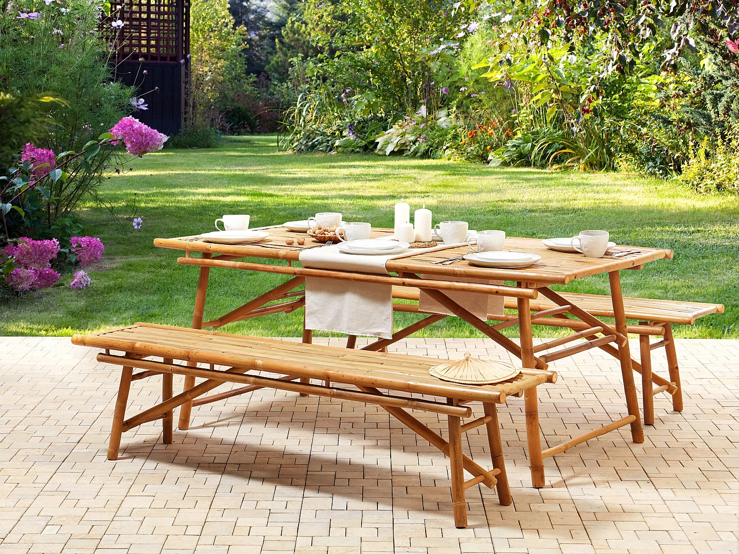 Lot de 2 bancs de jardin TINDARI 180 cm Bambou Marron clair
