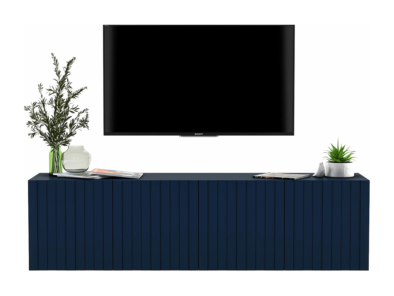 Meuble TV avec 4 portes - Corps Bleu marine mat, façades rainurées Bleu marine mat - 150 cm