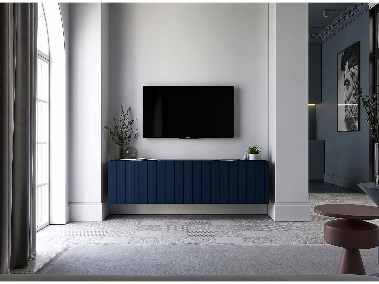 Meuble TV avec 4 portes - Corps Bleu marine mat, façades rainurées Bleu marine mat - 150 cm
