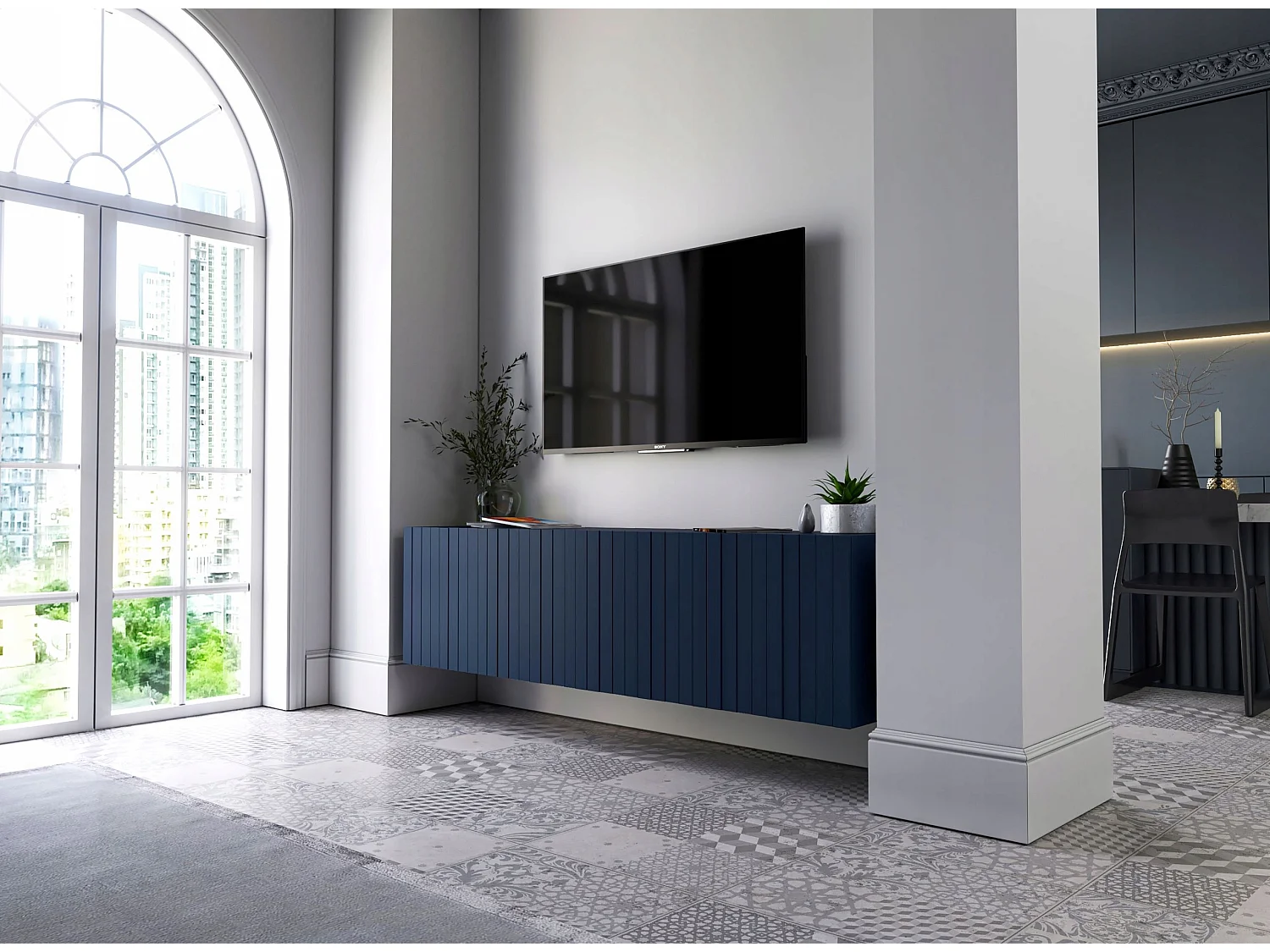 Meuble TV avec 4 portes - Corps Bleu marine mat, façades rainurées Bleu marine mat - 150 cm