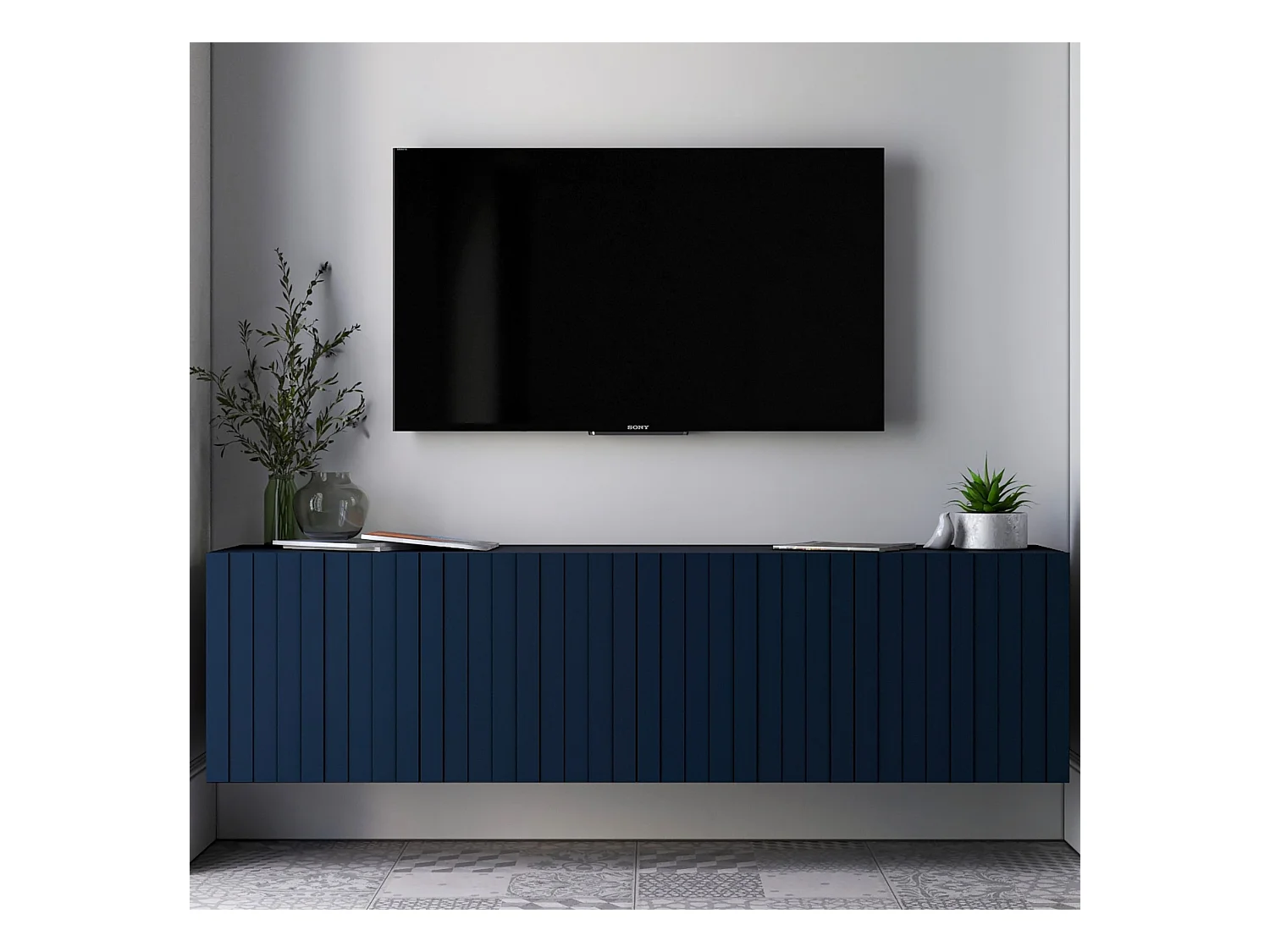 Meuble TV avec 4 portes - Corps Bleu marine mat, façades rainurées Bleu marine mat - 150 cm